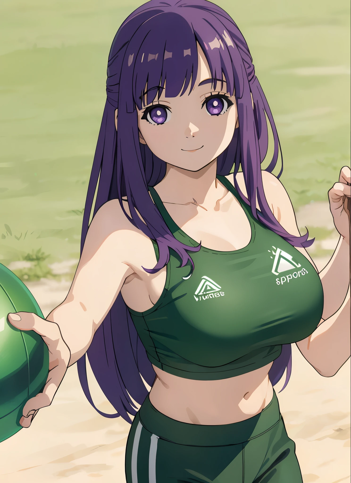 purple hair,purple eyes, long hair, looking at viewer, solo,forehead,masterpiece, best quality, photorealistic, yujiasuit, yoga sports bra, yoga pants, 1girl, solo, , yoga ball, pants, looking at viewer, smile, green sports bra, simple background, , midriff, long hair, breasts, green pants, sportswear, tank top, upper body,
