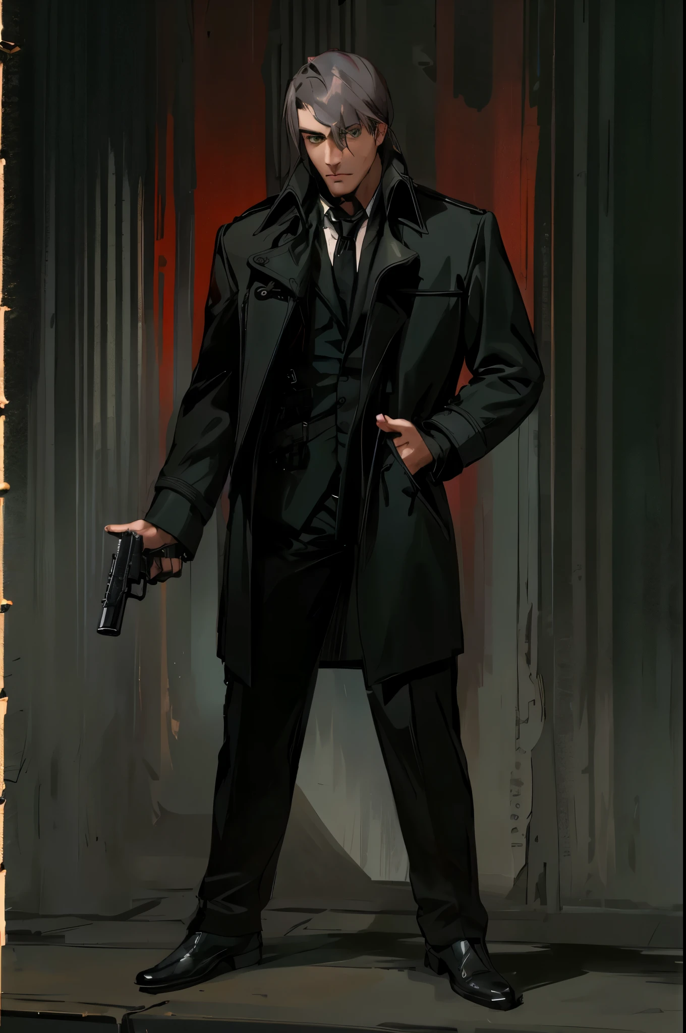 arafed man in a black coat holding a gun and pointing it, he's a hitman in peacoat, he is wearing a black trenchcoat, cinematic full body shot, photo from a promo shoot, character photography, full body and head shot, full body shoot, full-body-shot, promo shoot, fullbody shot, dock, paris, night backdrop, film noire atmosphere, reddish grey hair, green eyes, holstered katana sword on left side