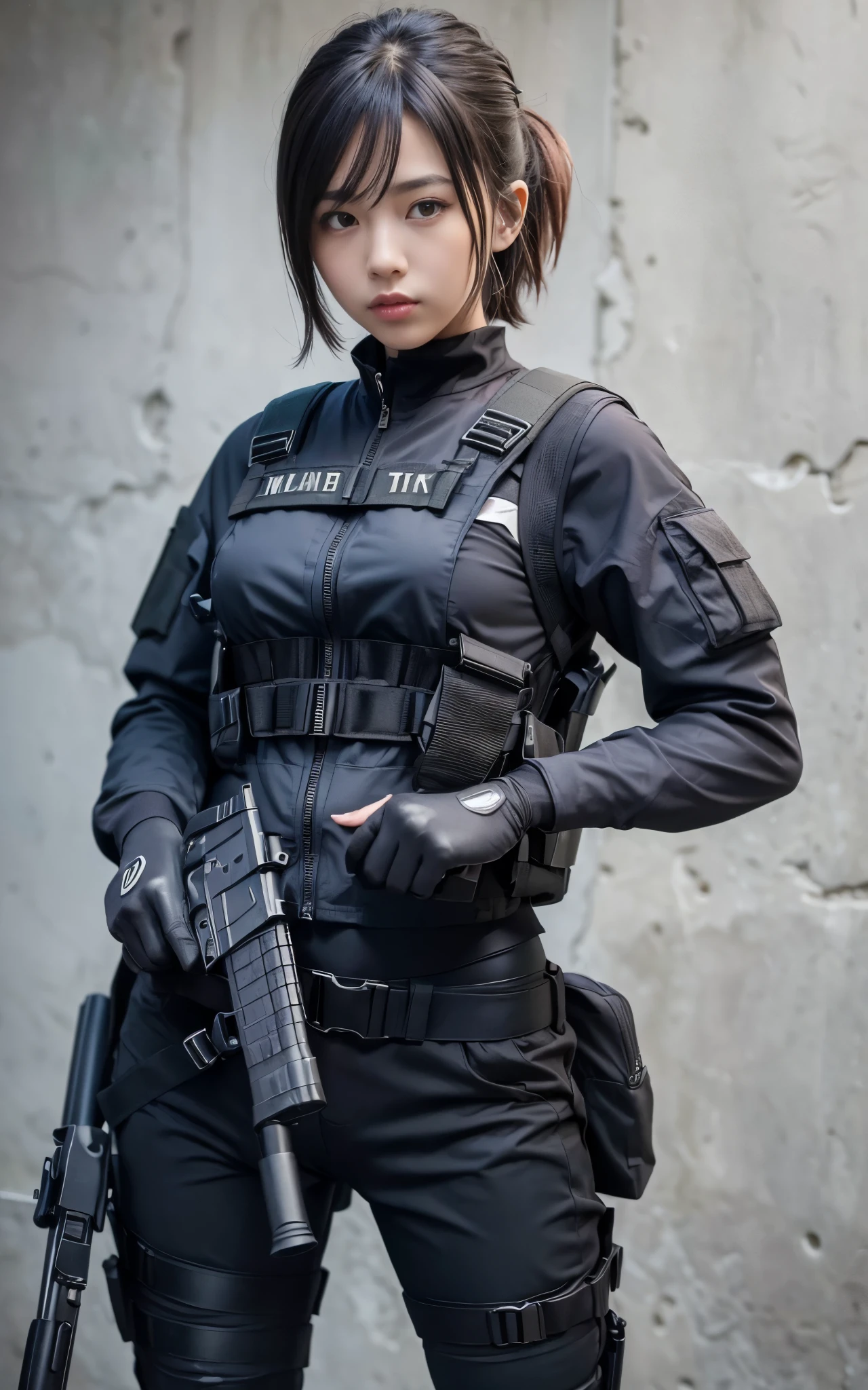 ((melhor qualidade)), ((obra-prima)), ((Best Quality, 8K, Masterpiece: 1.3)), ((best quality)), photorealistic, photorealism, Photorealistic, high resolution, 1girl aiming with the M4 assault rifle, Combat pose, looking at the viewer, (Detailed face), short hair, (wearing latex rubber suit, tactical vests, military harness, black gloves, high-tech headset), cloths color based on black dark blue), revealed thigh, Gun, Fingers are occluded, concrete wall background,