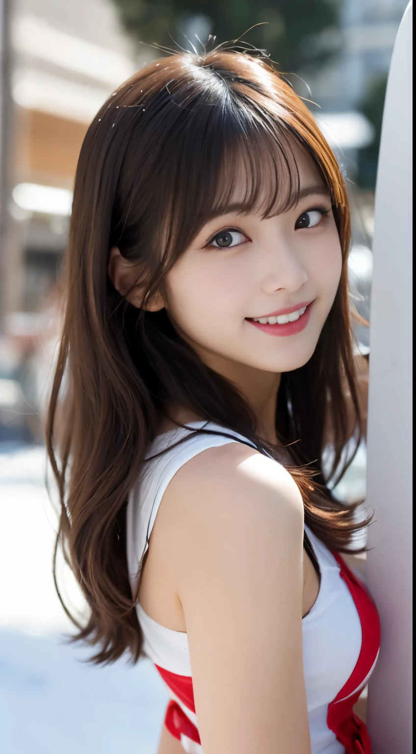 table top, highest quality, figure, super detailed, finely, High resolution, 8k wallpaper, 完璧なダイナミックな構figure, beautiful and fine eyes, ladies fashion summer,medium hair,small breasts natural color lip, bold sexy pose,smile,Harajuku、20 year old girl、cute、sexy shot looking at camera、snow board、snowboarder、Ski resort