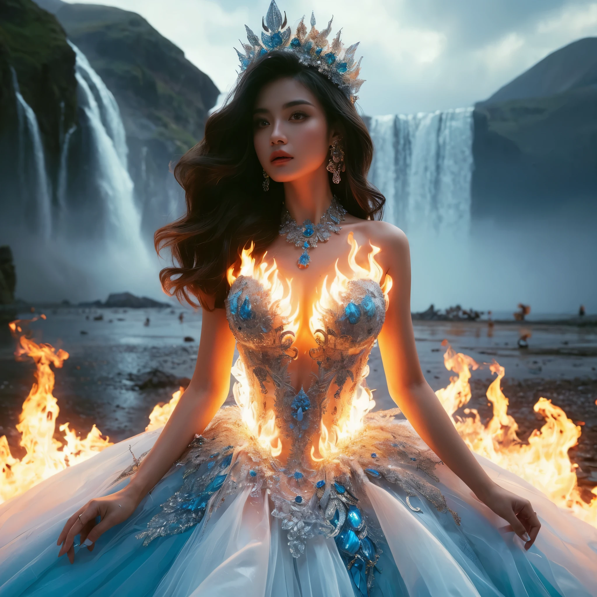 arafed woman with bustier gigantic breast in a flame corset and flame dress in front of a building, wearing an ornate outfit, ornate dress, intricate dress, elegant flame corset, ornate and elegant, extravagant dress, inspired by Hedi Xandt, ornate attire, intricate outfit, ornate royal gown, ornate clothing, ornate gown, intricate and elegant, intricate detailed dress, ornate , royal dress, detailed hand, detailed finger, masterpiece, best quality:1.2),,(8k,highres,RAW photo,realistic,photo-realistic:1.3),(detailed skin texture,detailed cloth texture,beautiful detailed face:1.25),professional lighting,photon mapping,beautiful soft light,radiosity,physically-based rendering,raytracing, model shoot style, model shoot style, (extremely detailed CG unity 8k wallpaper), full shot body photo of the most beautiful artwork in the world,