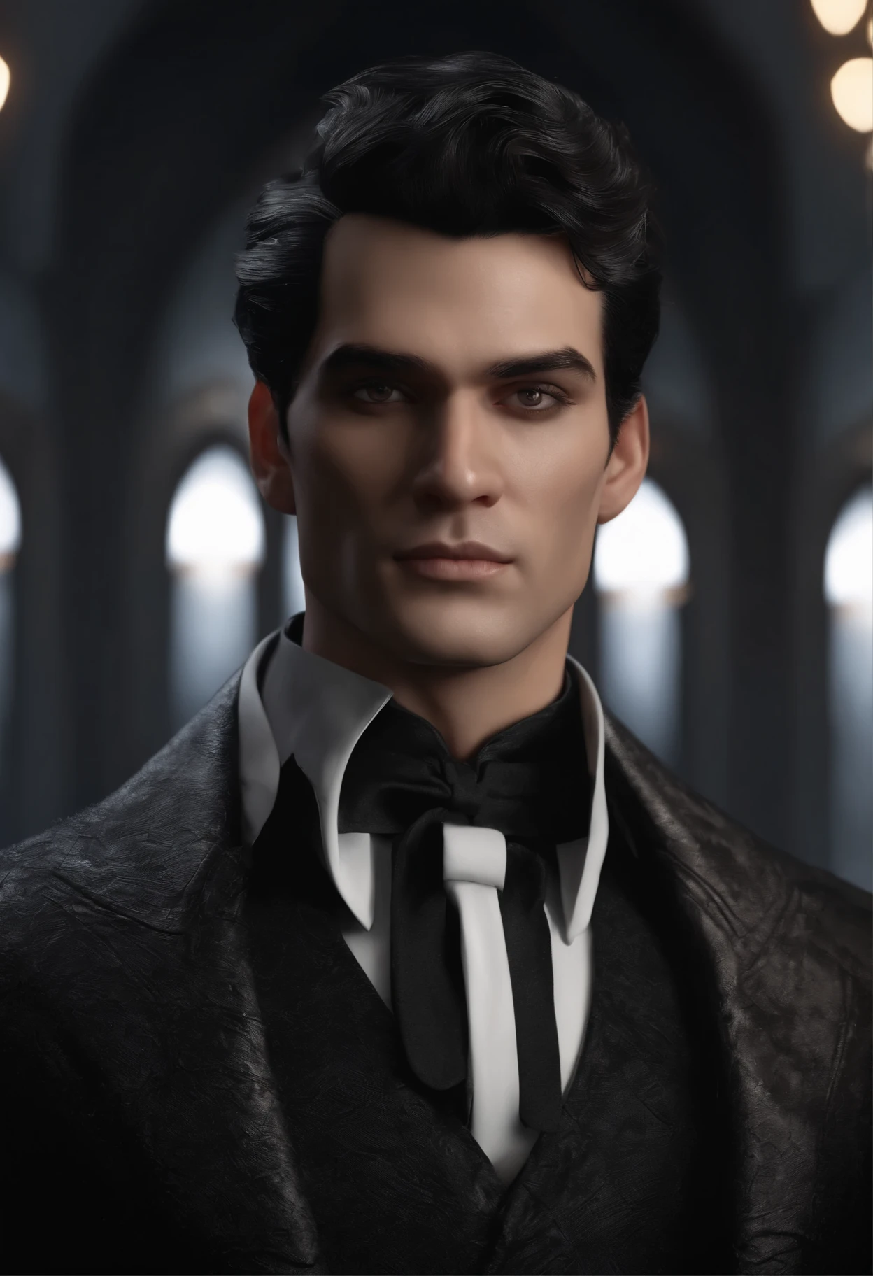 man (gothic black figure,elegant, black hair, highlighted hair,detailed villain,dark clothing with white accent, modern-style clothing) ,(best quality,4k,8k,highres,masterpiece:1.2),ultra-detailed,(realistic,photorealistic,photo-realistic:1.37),HDR,UHD,studio lighting,ultra-fine painting,sharp focus,physically-based rendering,extreme detail description,professional,vivid colors,bokeh,portrait,gothic style,colorful lights