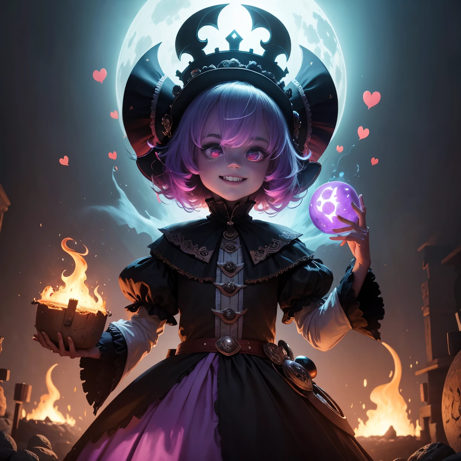ghost spherical monster, Clown, Bobo da corte, Harlequin, coringa, vibrant outfit, voando pelos ares, segurando, empenhando, martelo, marreta, cartas de baralho, taco de pregos, arma gigante de madeira colorido, powerful ghost weapon. Playful touch, ruined dungeon environment, antiga de um castelo real, atmosfera sombria, elementos macabros, contraste surpreendente. Cena intrigante, joy and mystery wrapped in darkness. Detalhes vivos, cores vibrantes, sinister expression, olhos penetrantes, sorriso macabro, dark mystery. High quality illustration, 8K ultra HD, exceptional visual immersion.