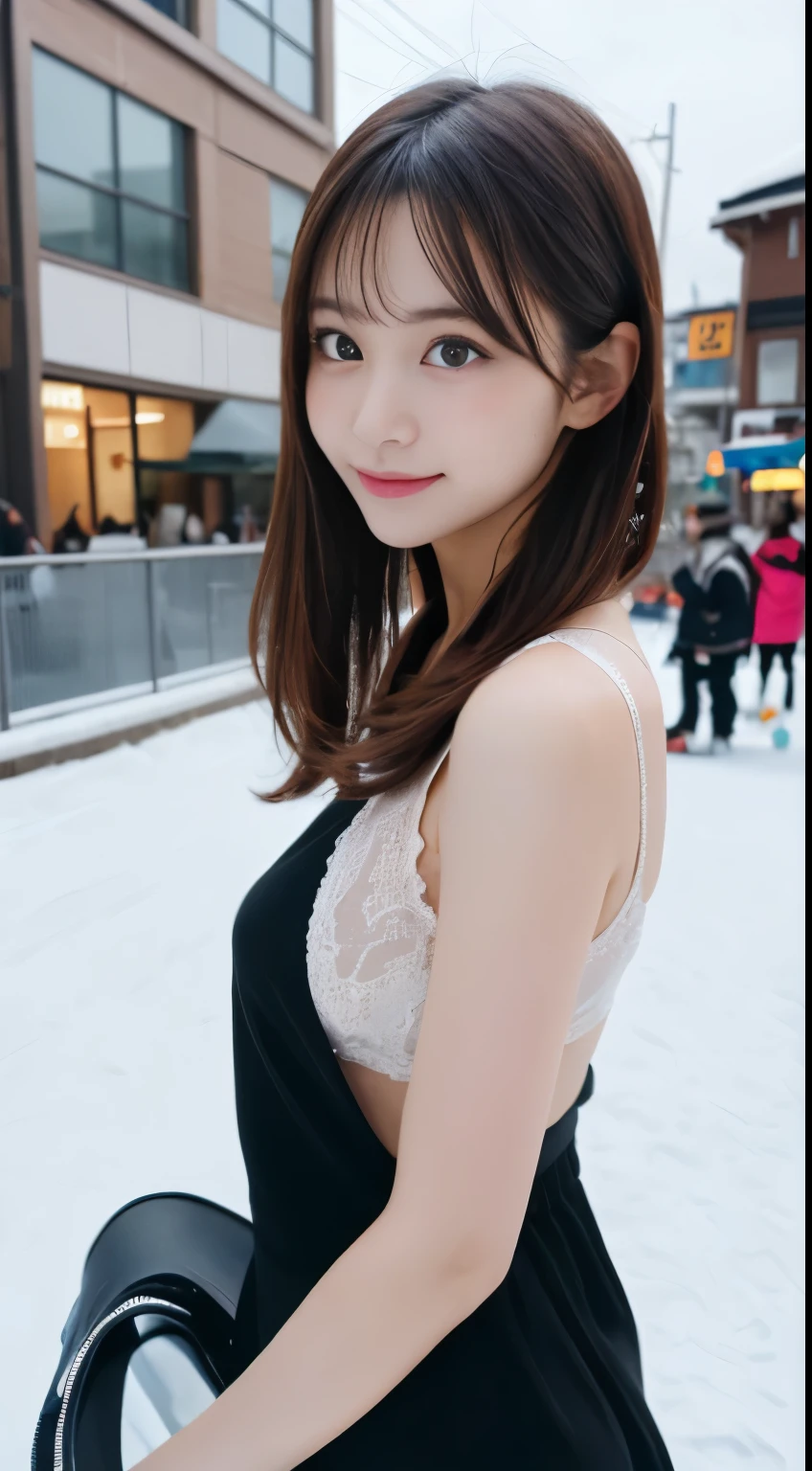 table top, highest quality, figure, super detailed, finely, High resolution, 8k wallpaper, 完璧なダイナミックな構figure, beautiful and fine eyes, ladies fashion summer,medium hair,small breasts natural color lip, bold sexy pose,smile,Harajuku、20 year old girl、cute、sexy shot looking at camera、snow board、snowboarder、Ski resort