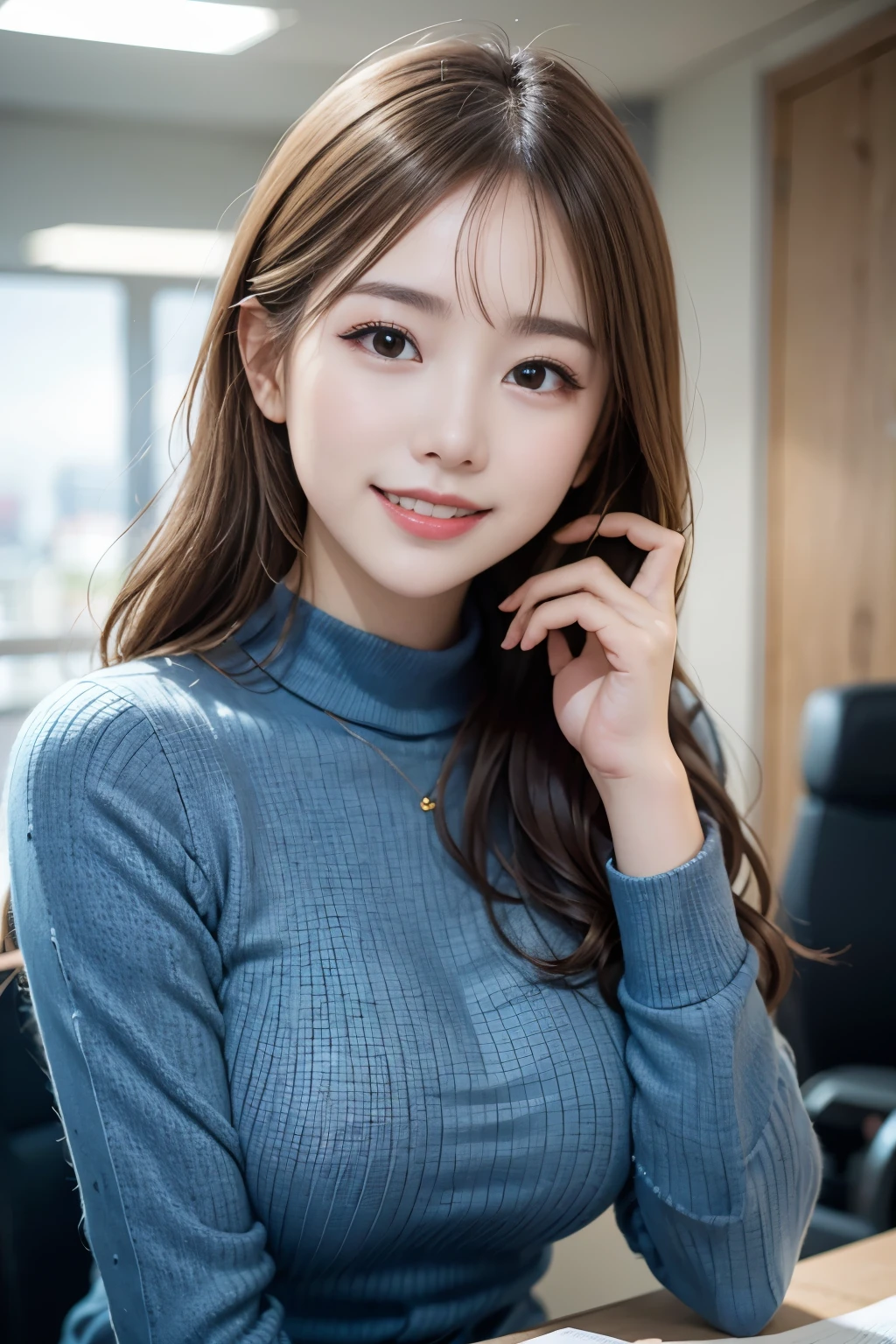 (8K, RAW photo, highest quality, masterpiece:1.3), (realistic, photo-realistic:1.4), (Highly detailed 8K wallpaper), sharp focus, Depth of written boundary,
japanese idol,very cute,(baby face),sweater, Look at us and smile, Upper body, highly detailed face and eyes,((shiny skin:1.2)), cinematic lighting, soft light, blur background, Bokeh, High-tech company office background with state-of-the-art equipment, clean design, blue and white tones