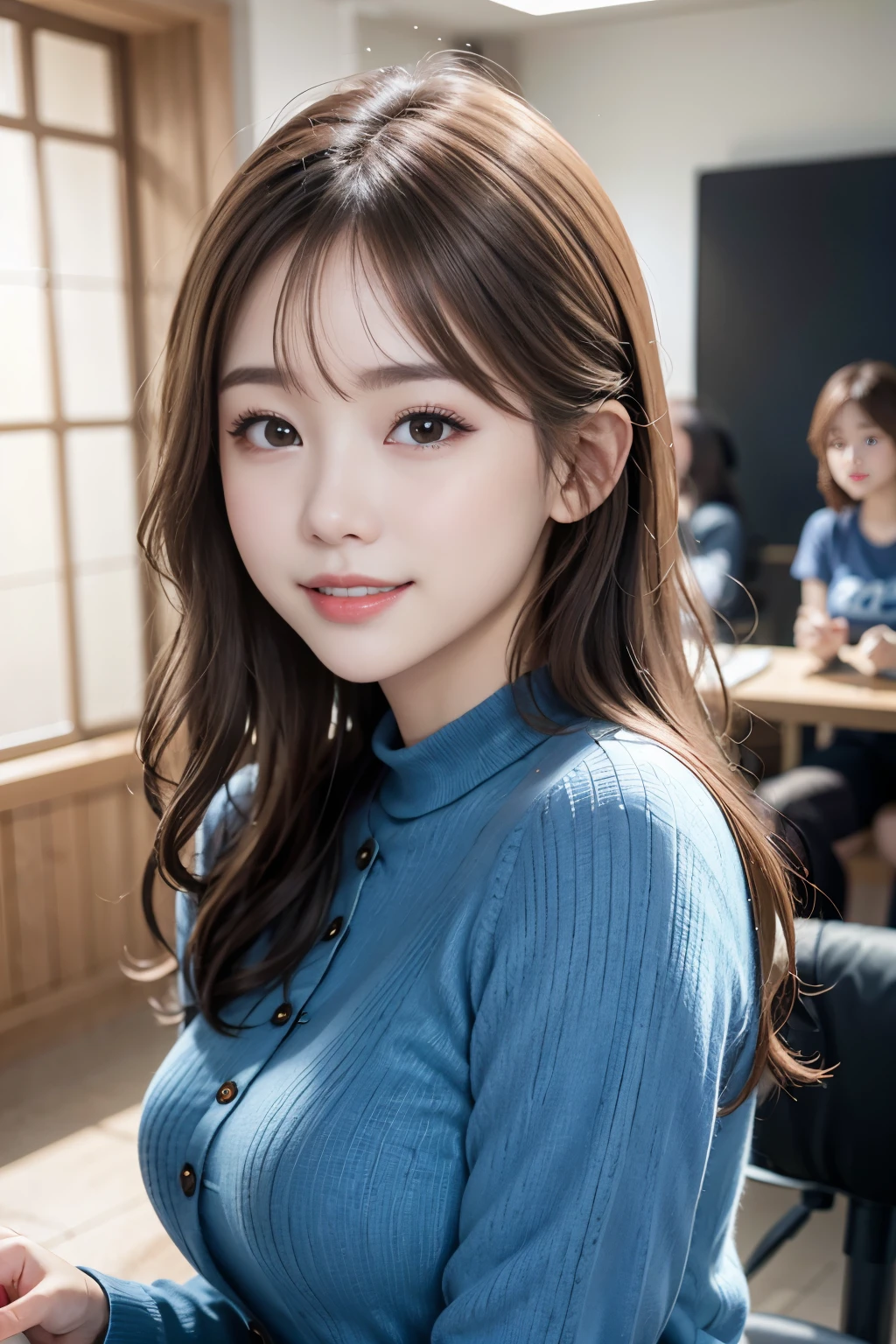 (8K, RAW photo, highest quality, masterpiece:1.3), (realistic, photo-realistic:1.4), (Highly detailed 8K wallpaper), sharp focus, Depth of written boundary,
japanese idol,very cute,(baby face),sweater, Look at us and smile, Upper body, highly detailed face and eyes,((shiny skin:1.2)), cinematic lighting, soft light, blur background, Bokeh, High-tech company office background with state-of-the-art equipment, clean design, blue and white tones