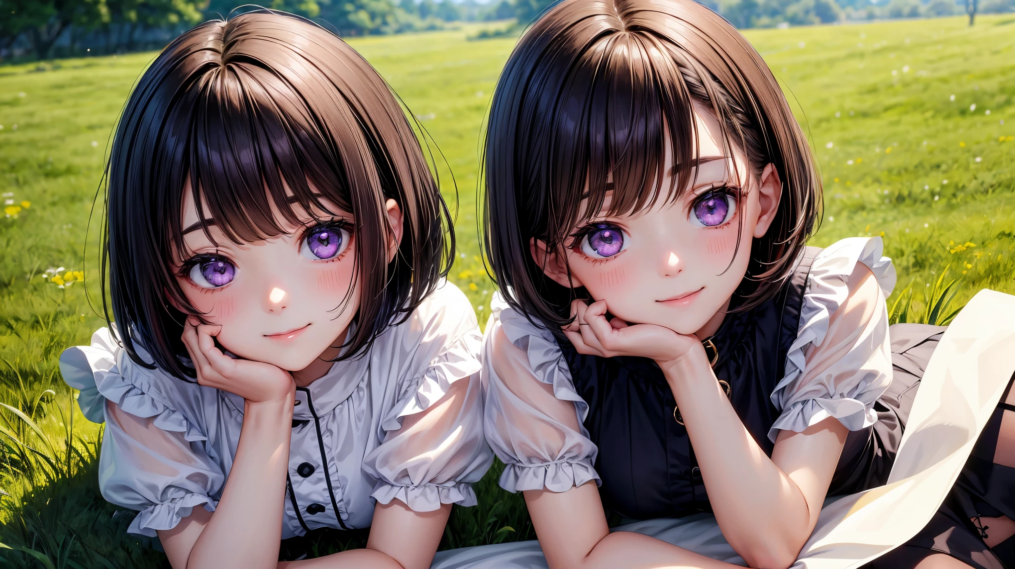 very cute（Twin girls）、dark brown hair、bob cut、short hair、Violet eyes、smile、Crystal clear white skin、whole body、grassland。8K、4K、high resolution、Fine-grained、