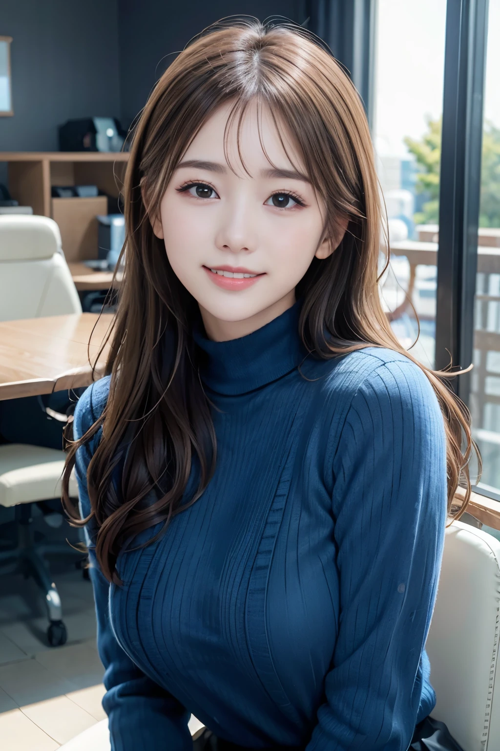  (8K, RAW photo, highest quality, masterpiece:1.3), (realistic, photo-realistic:1.4), (Highly detailed 8K wallpaper), sharp focus, Depth of written boundary,
 japanese idol,very cute,(baby face),sweater, Look at us and smile, Upper body, highly detailed face and eyes,((shiny skin:1.2)), cinematic lighting, soft light, blur background, Bokeh, High-tech company office background with state-of-the-art equipment, clean design, blue and white tones
