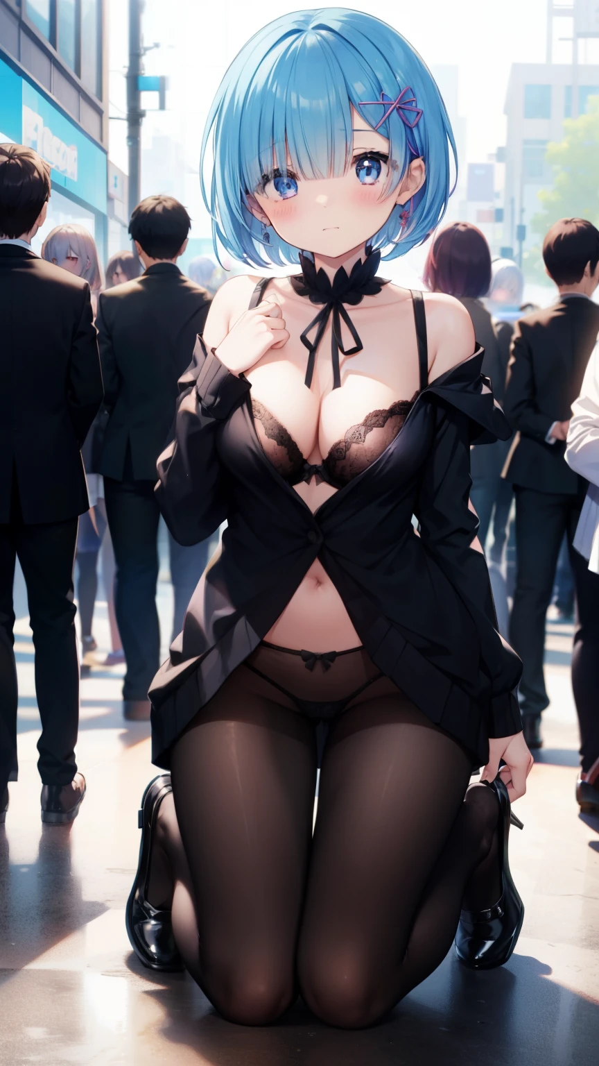 Rem of Rezero、blue hair、short hair、table top、High resolution、lots of girls、Multiple Girls、large crowd、lots of cute girls、big and full breasts、naughty body、underwear only、see-through、pink lingerie、throw、kneel down、Kneeling、Looking up at me、confused face、blush、black pantyhose、The shape of a woman&#39;s private parts is clearly visible、nipples are visible、navy checkered skirt、micro mini skirt、very short skirt、department store、The shops、a lot of people、in the crowd、Naked breasts、show your chest、circle