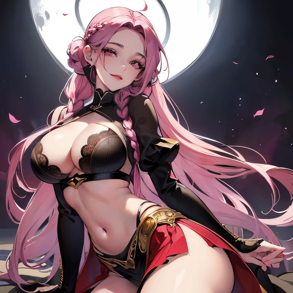 a Very very sexy vampire priestess, pervert, very cute smiling Vampire, huge Anime eyes, revealing outfit, skirt with a high slit, crop top, curvy, Slim form, large breasts, round ass, slim waist, Little mouth, very thick lips, almond-shaped eyes, braided hair, Gorgeous and sumptuous body, Beautiful and very symmetrical face, Very detailed and intricate environment, Very detailed and lewd clothing, Anime realism, glamour portrait, cleavage, tempting the viewer