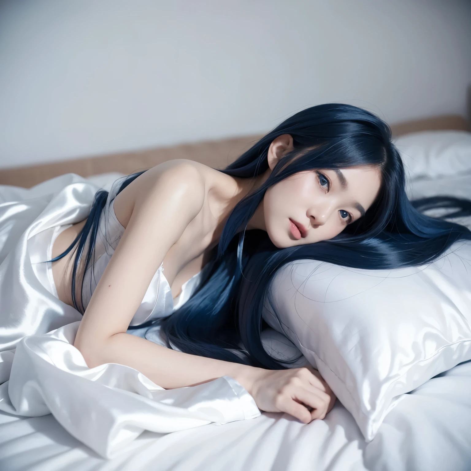 Girl with long blue hair lying on the bed，Wear white silk，barefoot