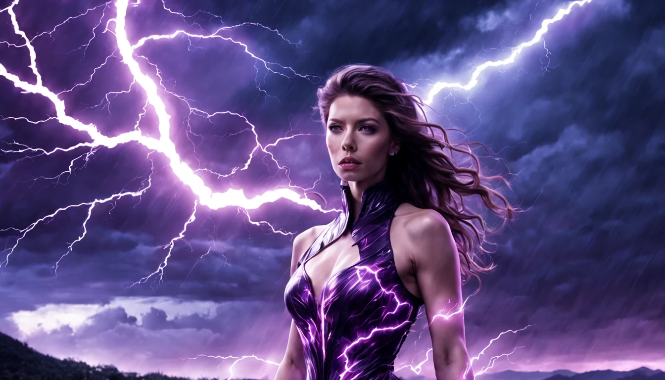 uma linda modelo (Jessica Biel) em um vestido de noite preto marcante, Sob suave luar e Atmospheric lightning, Pink Lightning, with thunderstorms, Tempestade escura with lightning bolts, Dramatic purple lightning, raios no heaven, contrast lightning, trovoada no heaven, lightning in the background, with lightning bolts, Reasonable design, linhas claras, Alta nitidez, melhor qualidade, master part, 4k ).