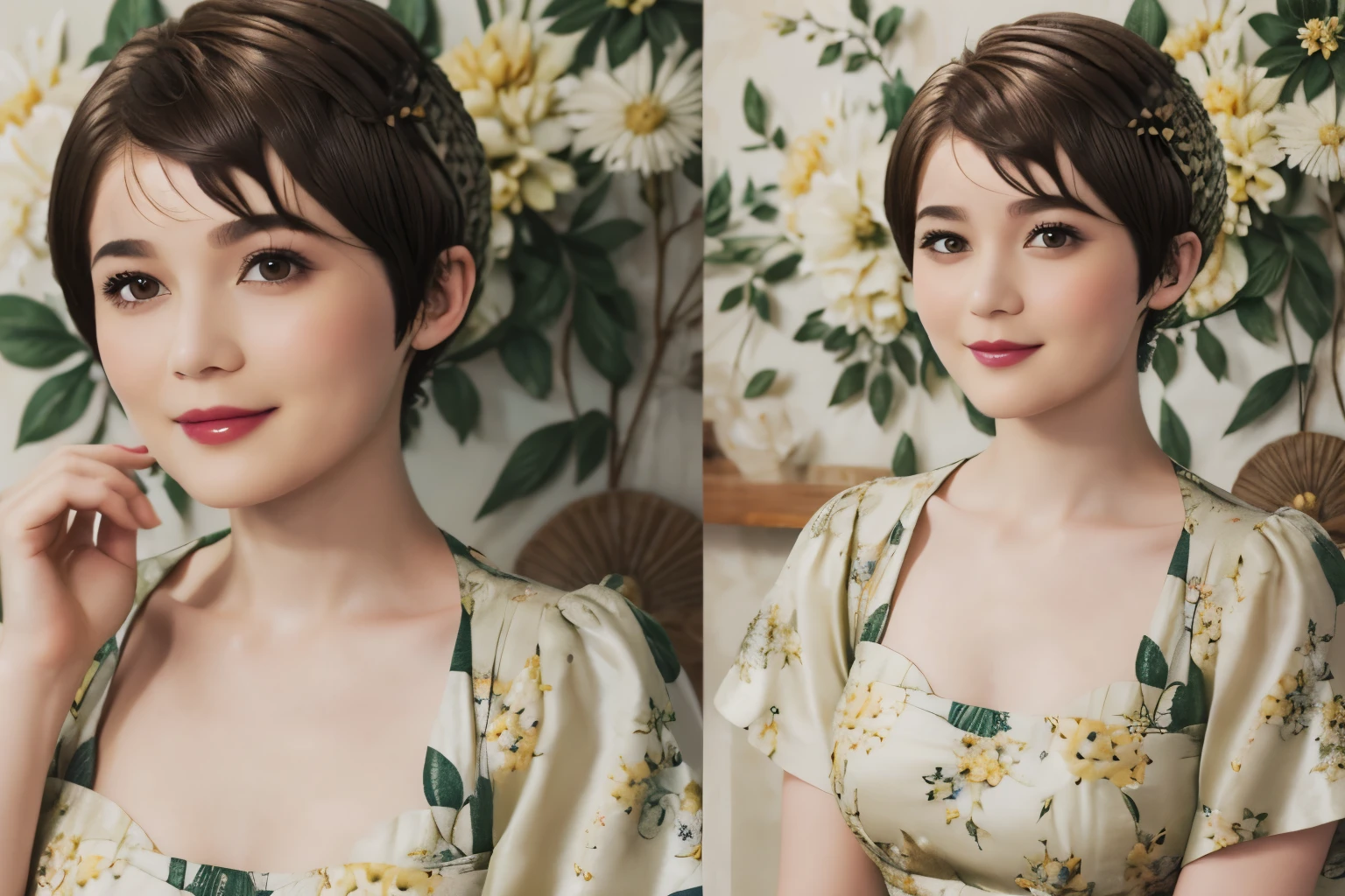 152
(20 year old woman,floral pattern dress), (Super realistic), (high resolution), ((beautiful hairstyle 46)), ((short hair:1.46)), (gentle smile), (brest:1.1), (lipstick)