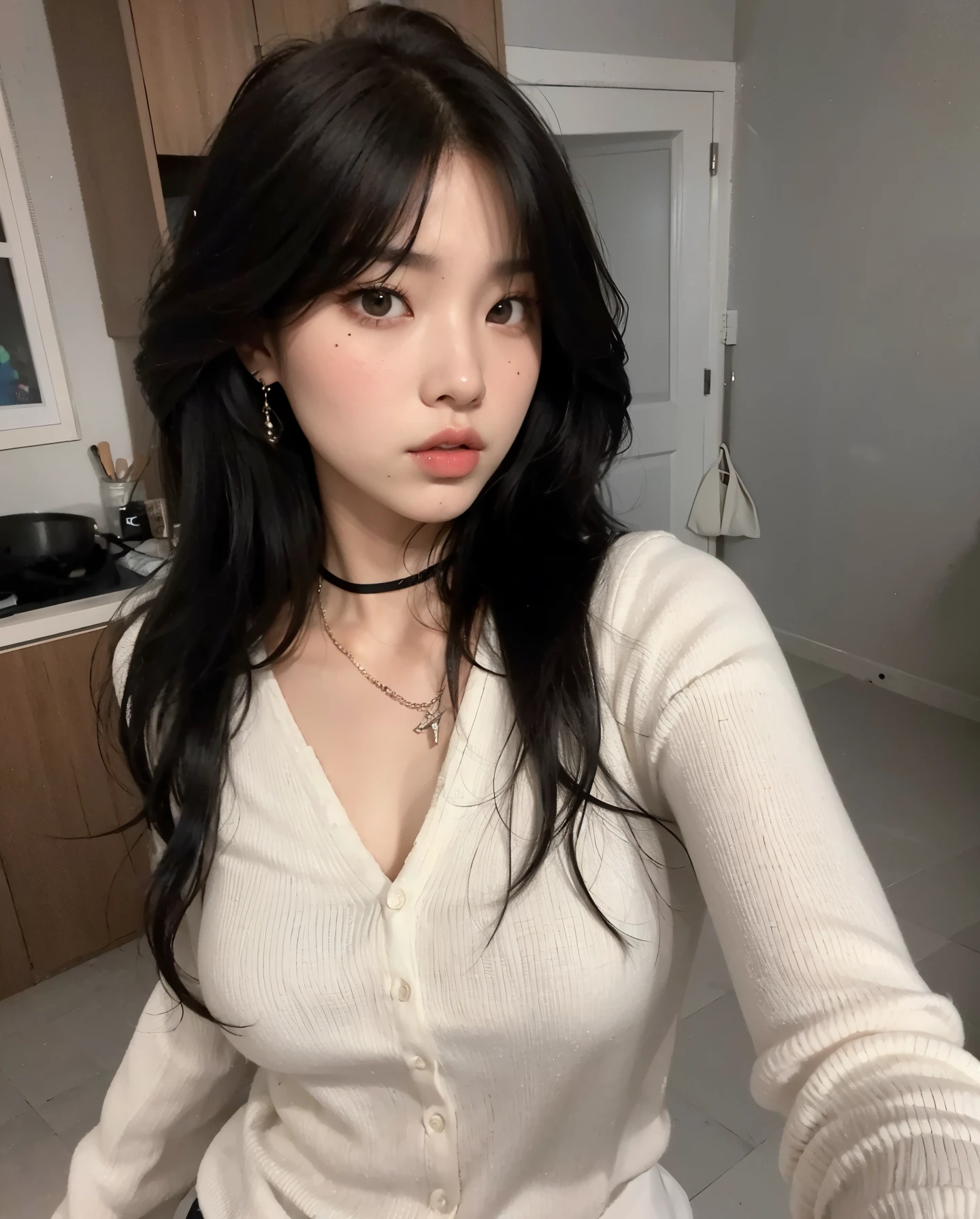 A closeup of a woman with long black hair wearing a white sweater, Linda jovem coreana, Linda mulher sul-coreana, coreana, 18 anos, Linda jovem coreana, Xisionwu, she has black hair com franja, beautiful asian girl, 22 anos, Anna Nikonova, also known as Nova Leiteira, sakimichan, com franja, Jennie Blackpink 4k