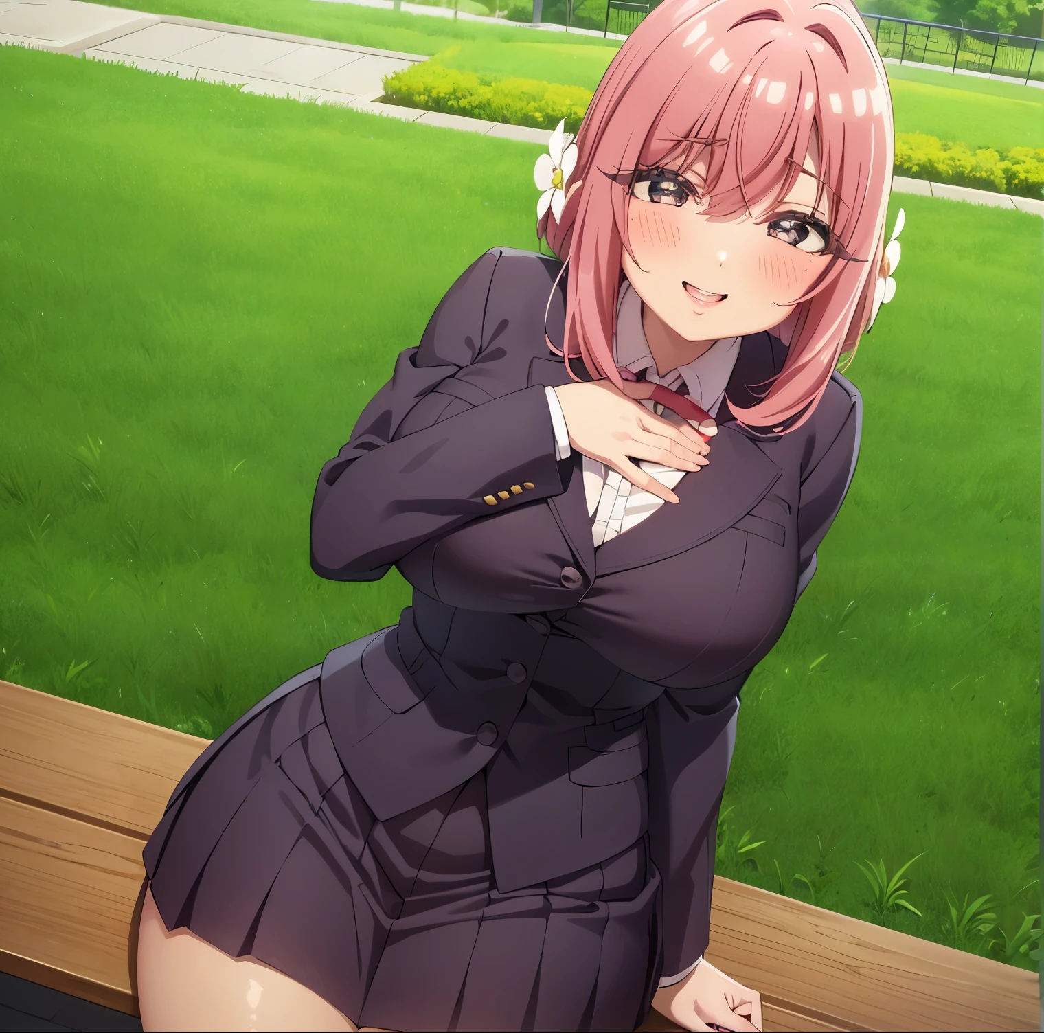 cinematic lighting, masterpiece, cowboy shot, blush, eyelashes, hanazono Hakari, 1girl, alone, open mouth, smile, skirt, uniform, teeth, thighs, shiny skin, hair ornaments, hair flowers, sitting, bench, hands on thighs, thick thighs,blue sky, outdoor, buildings, grass, trees, park,big breasts, medium waist, wide hips, wide thighs, excellent anatomy, excellent hands