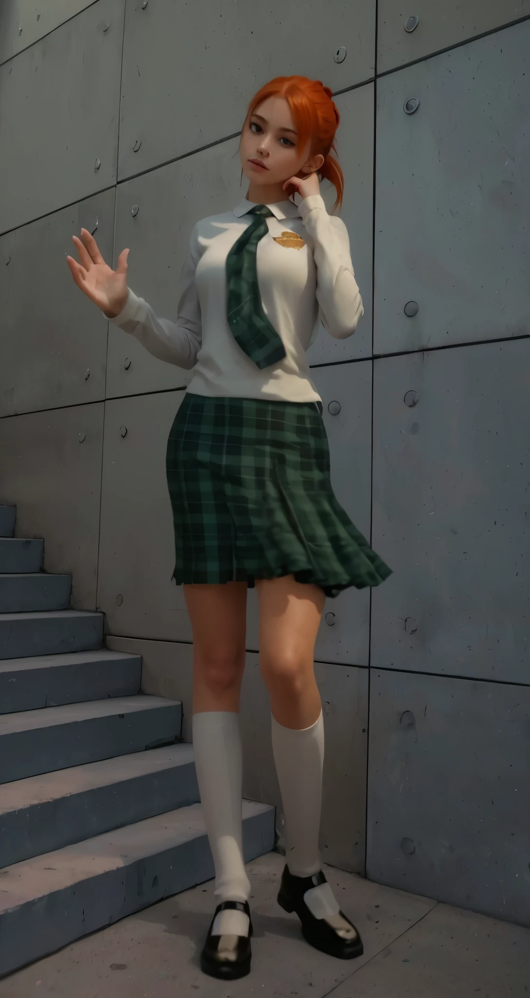Real life adaption of this character, beauty American teen girl face, realistic same orange ponytail hair, eyes looking to camera,(detail beautiful eyes),realistic same outfit , realistic same uniform,with same pattern, realistic same skirt, realistic same shoes,same pose, normal hand,realistic background, realistic light, realistic shadow, realism, hyper realistic,(photorealistic 1:2),high definition,detail,4k