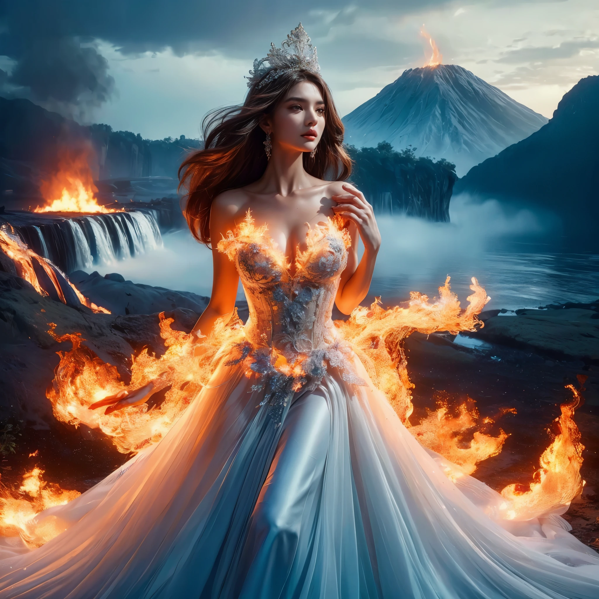 arafed woman with bustier gigantic breast in a flame corset and flame dress in front of a building, wearing an ornate outfit, ornate dress, intricate dress, elegant flame corset, ornate and elegant, extravagant dress, inspired by Hedi Xandt, ornate attire, intricate outfit, ornate royal gown, ornate clothing, ornate gown, intricate and elegant, intricate detailed dress, ornate , royal dress, detailed hand, detailed finger, masterpiece, best quality:1.2),,(8k,highres,RAW photo,realistic,photo-realistic:1.3),(detailed skin texture,detailed cloth texture,beautiful detailed face:1.25),professional lighting,photon mapping,beautiful soft light,radiosity,physically-based rendering,raytracing, model shoot style, model shoot style, (extremely detailed CG unity 8k wallpaper), full shot body photo of the most beautiful artwork in the world,