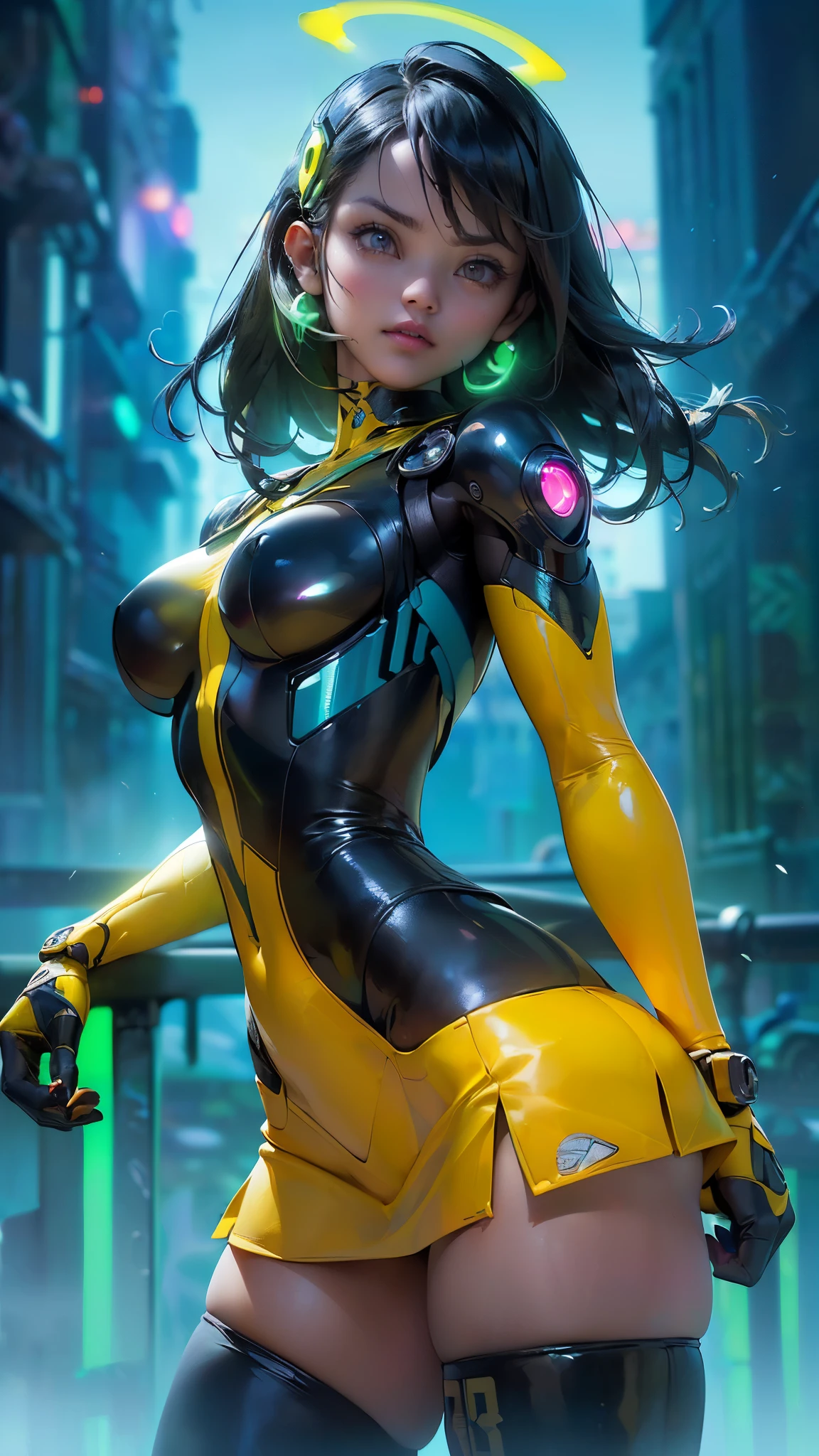 the highest quality))、((Obra maestra)、ciberpunk、big glutes、arrodillarse、Electronic visor attached to the face of a 12-year-old girl with emphasis on the buttocks、Red latex body,Moda cyberpunk、pose sexy、(Usar polainas amarillas en la parte inferior del cuerpo、Agrandamiento de los senos、Neon lights in the dark city at night,Motor irreal:1.4,HD,La Mejor calidad:1.4, fotorrealista:1.4, textura de la piel:1.4, Obra maestra:1.8,Obra maestra, Mejor calidad,(Hermosos ojos azules ),( cyborg yellow neon),(Perfect anatomy),convexo ,(Dedos detallados),white cyborg latex bodysuit, (ciberpunk 2.1) ,*cabello largo azul:1.4), (miniskirt ciborg verde colegiala:1.4)