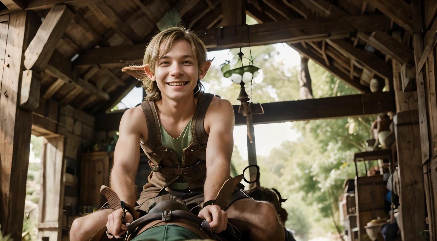 half-goblin (male), young man, pale (greenish skin), bright brown eyes, in adventurer's clothing, riding a mule, smiling at the camera, race goblin (goblin).