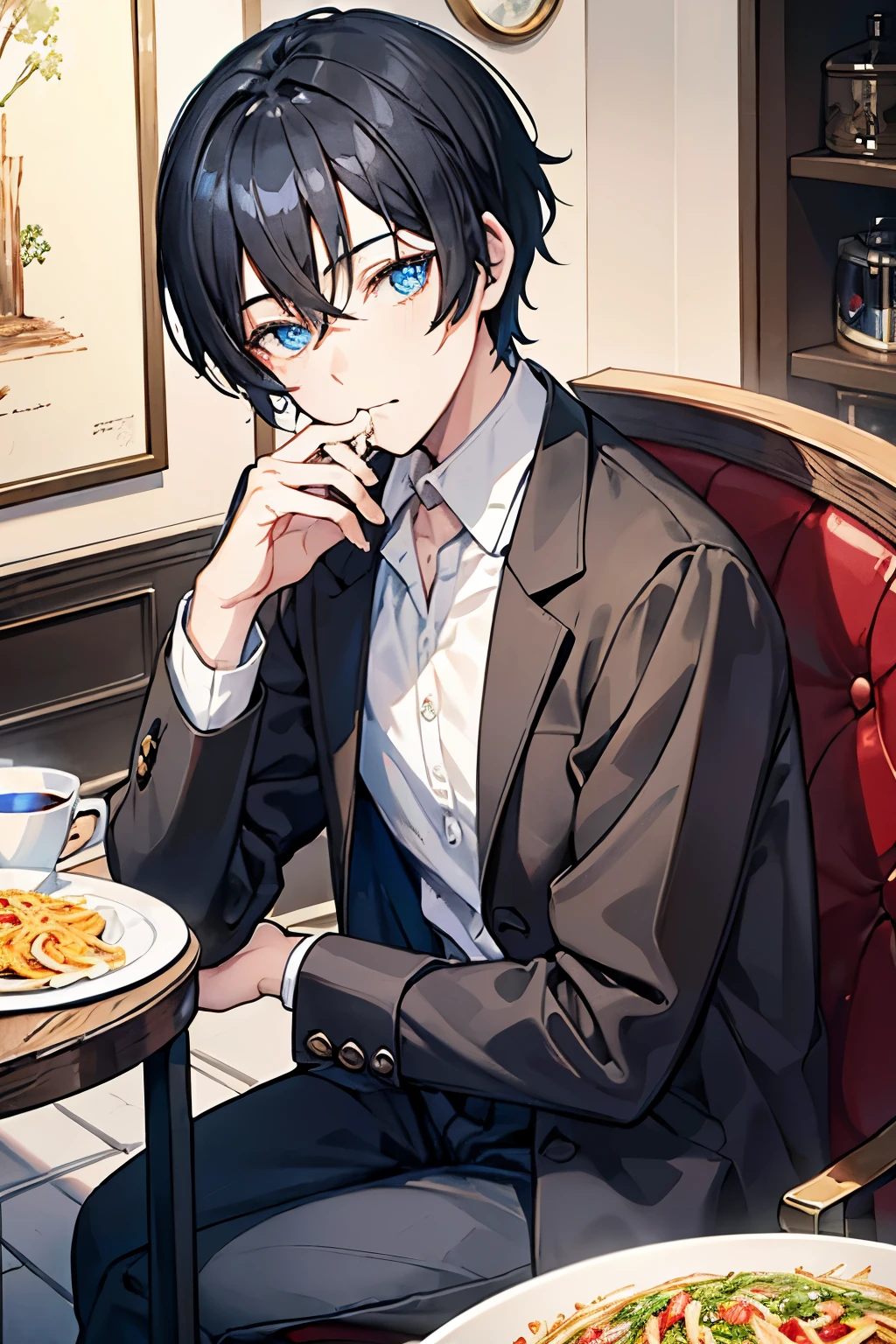 male black hair blue eyes short hair one person sweater slacks Brown coat ancient folk house table sit in a chair eating pasta masterpiece Highest image quality noise removal clear parts cinematic shadow Increased attractiveness of the eyes clear parts the shine of the eyes Draw eyelashes neatly perfect eyes detailed eyes Sharpen image quality Sharpen eye writing clear parts eye shape