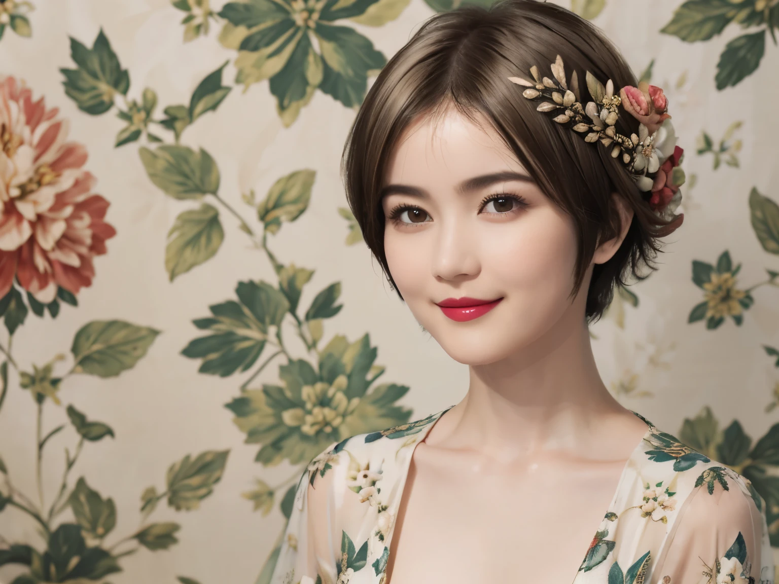 152
(20 year old woman,floral pattern dress), (Super realistic), (high resolution), ((beautiful hairstyle 46)), ((short hair:1.46)), (gentle smile), (brest:1.1), (lipstick)
