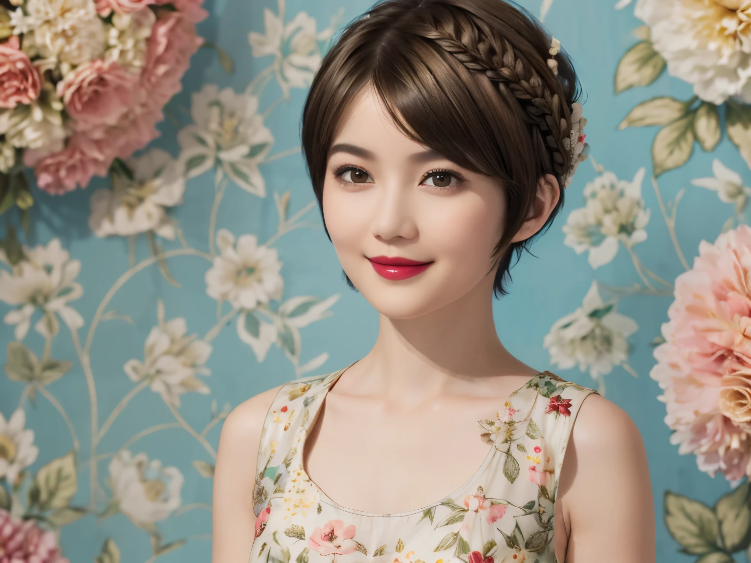 152
(20 year old woman,floral pattern dress), (Super realistic), (high resolution), ((beautiful hairstyle 46)), ((short hair:1.46)), (gentle smile), (brest:1.1), (lipstick)