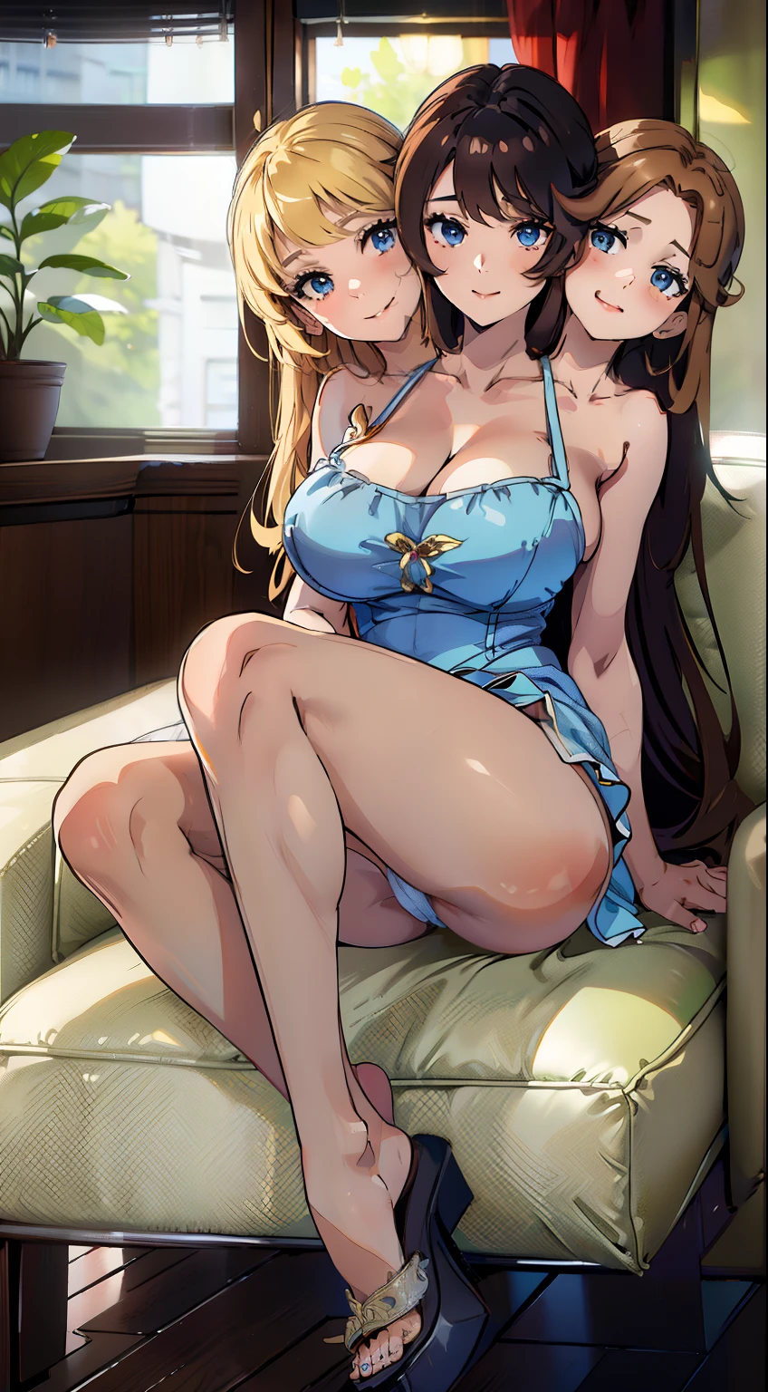 best quality, (masterpiece),(ultra-detailed), (high quality), (high resolution), (3heads:1.5) (tan blonde hair),(hazel brown hair), black hair, very huge breasts, cleavage, tank top, best quality:1.5, highres, UHD, 4K), smiling, bare feet, detailed blue color eyes, (mature woman), casual dress, sexy proportions, Beautiful girl with accentuated slender abs, long legs, seductive woman, lustrous and smooth skin