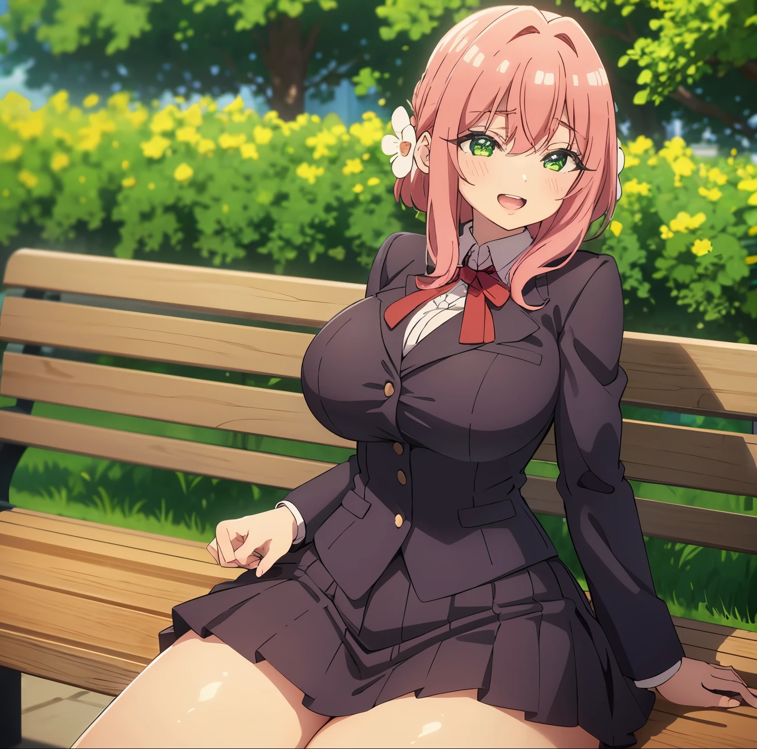 cinematic lighting, masterpiece, cowboy shot, blush, eyelashes, hanazono Hakari, 1 girl, alone, open mouth, smile, skirt, uniform, teeth, thighs, shiny skin, hair decorations, hair flowers, sitting, bench, hands on thighs, bushy thighs, blue sky, outdoors, buildings, grass, trees, park, big breasts, medium waist, wide hips, wide thighs, excellent anatomy, excellent hands, green eyes, large breasts, medium waist , wide hips, wide thighs, excellent anatomy, excellent hands