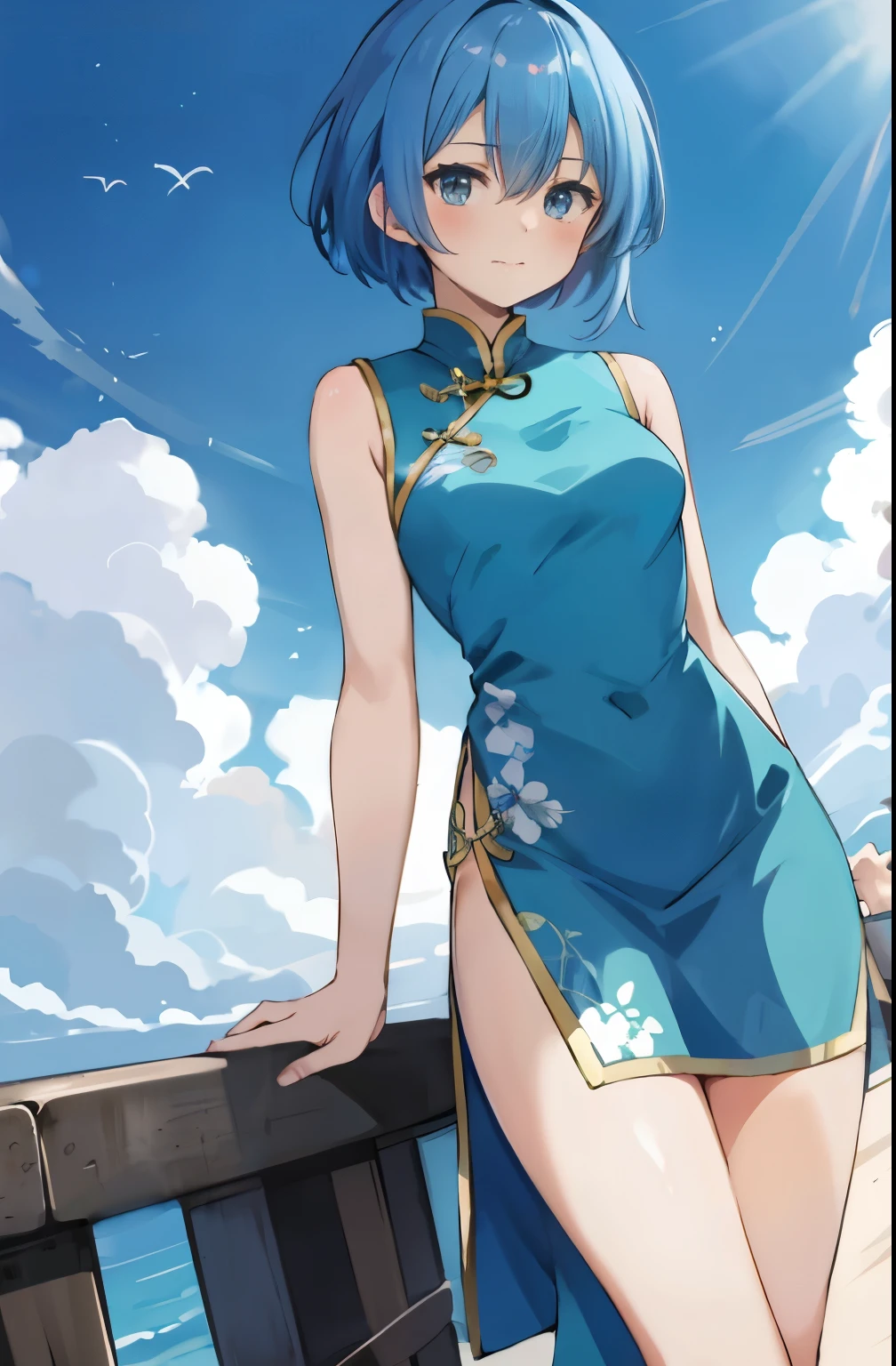 "Create a concise 8K resolution anime-style illustration of a cute 20-year-old Japanese girl with a well-developed physique. She has short blue hair and beautiful aqua blue eyes. The image should have clear, sharp contrast. She is wearing a blue cheongsam (Chinese dress)."