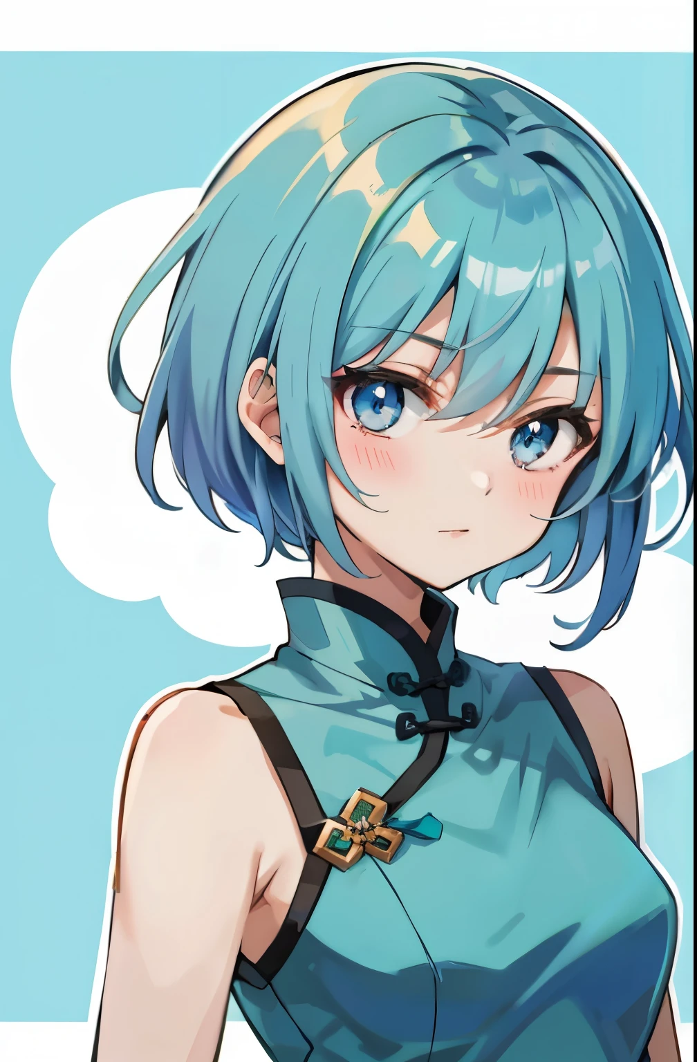 "Create a concise 8K resolution anime-style illustration of a cute 20-year-old Japanese girl with a well-developed physique. She has short blue hair and beautiful aqua blue eyes. The image should have clear, sharp contrast. She is wearing a blue cheongsam (Chinese dress)."