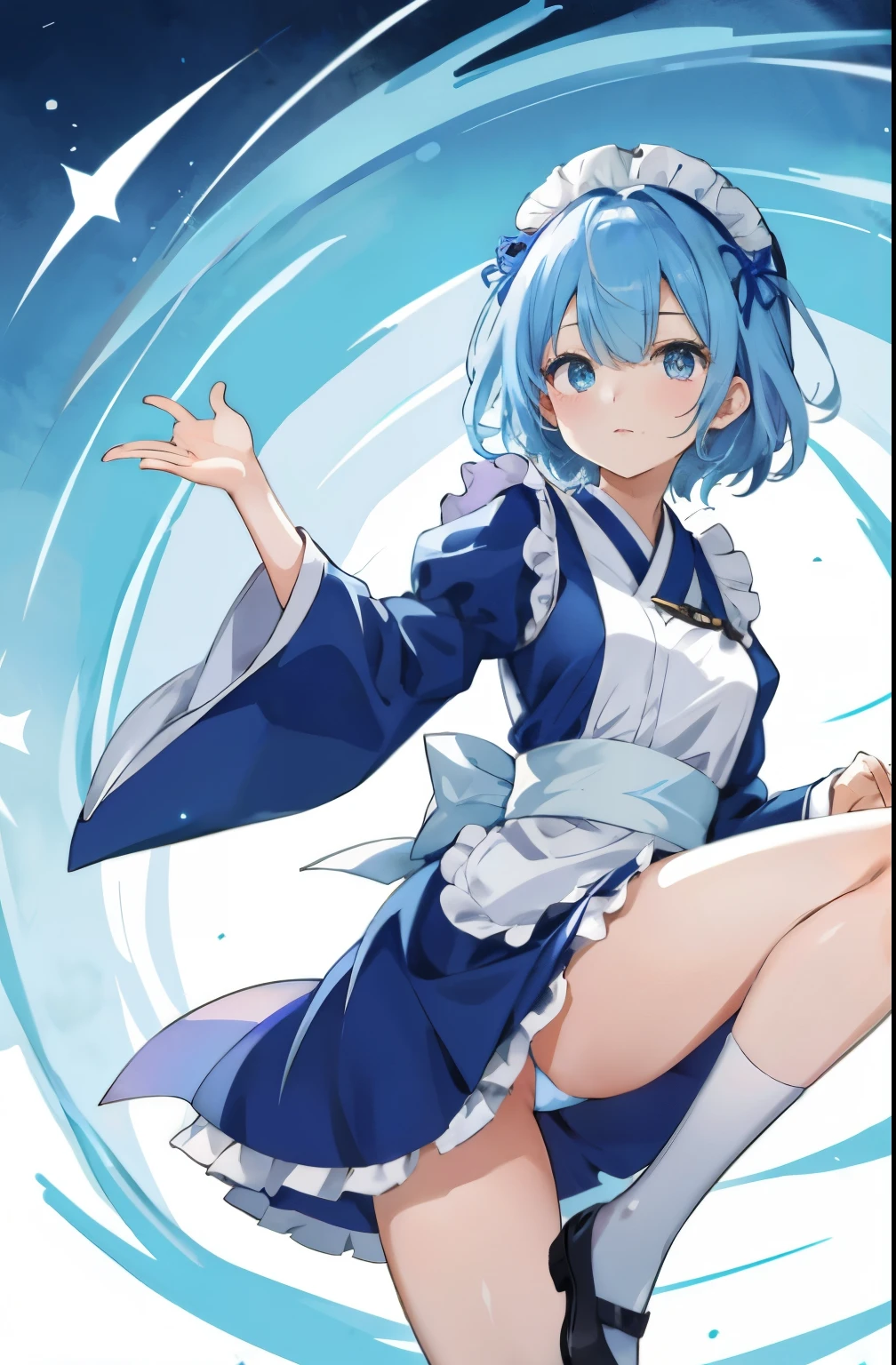 「body is very developed、Please create a concise 8K resolution anime style illustration of a very cute 20 year old Japanese girl.。She has short blue hair and beautiful light blue eyes.。Images should be clear and have sharp contrast。she is wearing a blue maid outfit、Stooping forward at a handshake event。」Take off your pants in a sexy pose、whole body