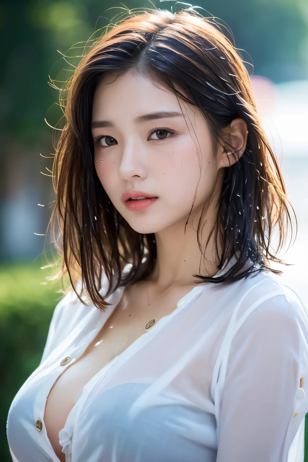 Big breasts,low cut,cleavage,((best quality, 8k, masterpiece:1.3)), sharp:1.2, Beautiful woman with perfect body:1.4, slim abs:1.2, ((layered hairstyle, huge :1.3,split:1.2)), (Long shirt with see-through wet white buttons:1.1),(rain,street:1.2),get wet:1.5,Highly detailed facial and skin textures,delicate eyes,double eyelids,side view camera