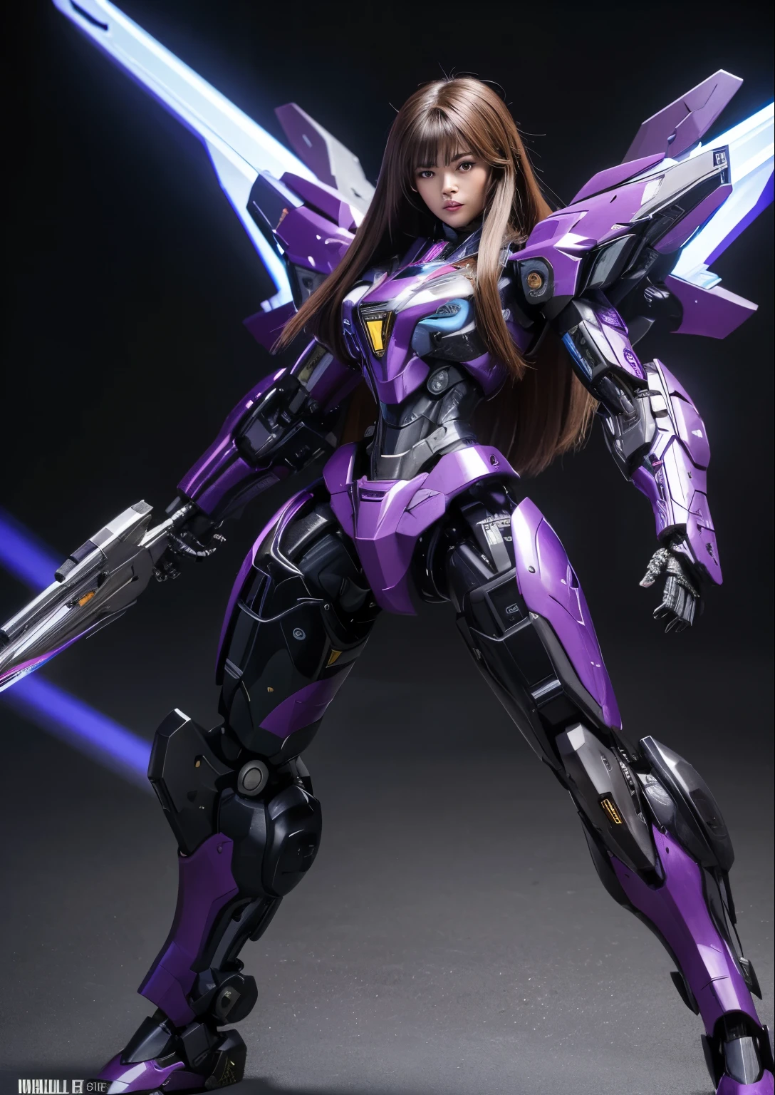 Fullbody, Textured skin, Super Detail, high details, High quality, Best Quality, hight resolution, 1080p, hard disk, Beautiful,(War Machine),beautiful cyborg woman,Mecha Cyborg Girl very very very long hair brown or black very silky rapunzel, Battle Mode,Girl with a Mecha Body,She wears a futuristic war machine weapon mech,Fulll body Shot, purple