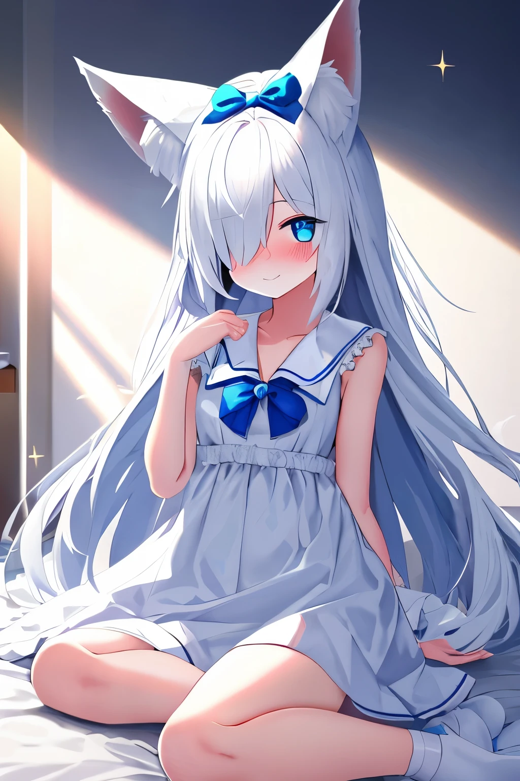 1girl, fox ears, blue eyes, white hair, hair over one eye, from side, pov, sitting, bed sheet, light, nose blush, light smile, white dress, blue bow, sparkle,