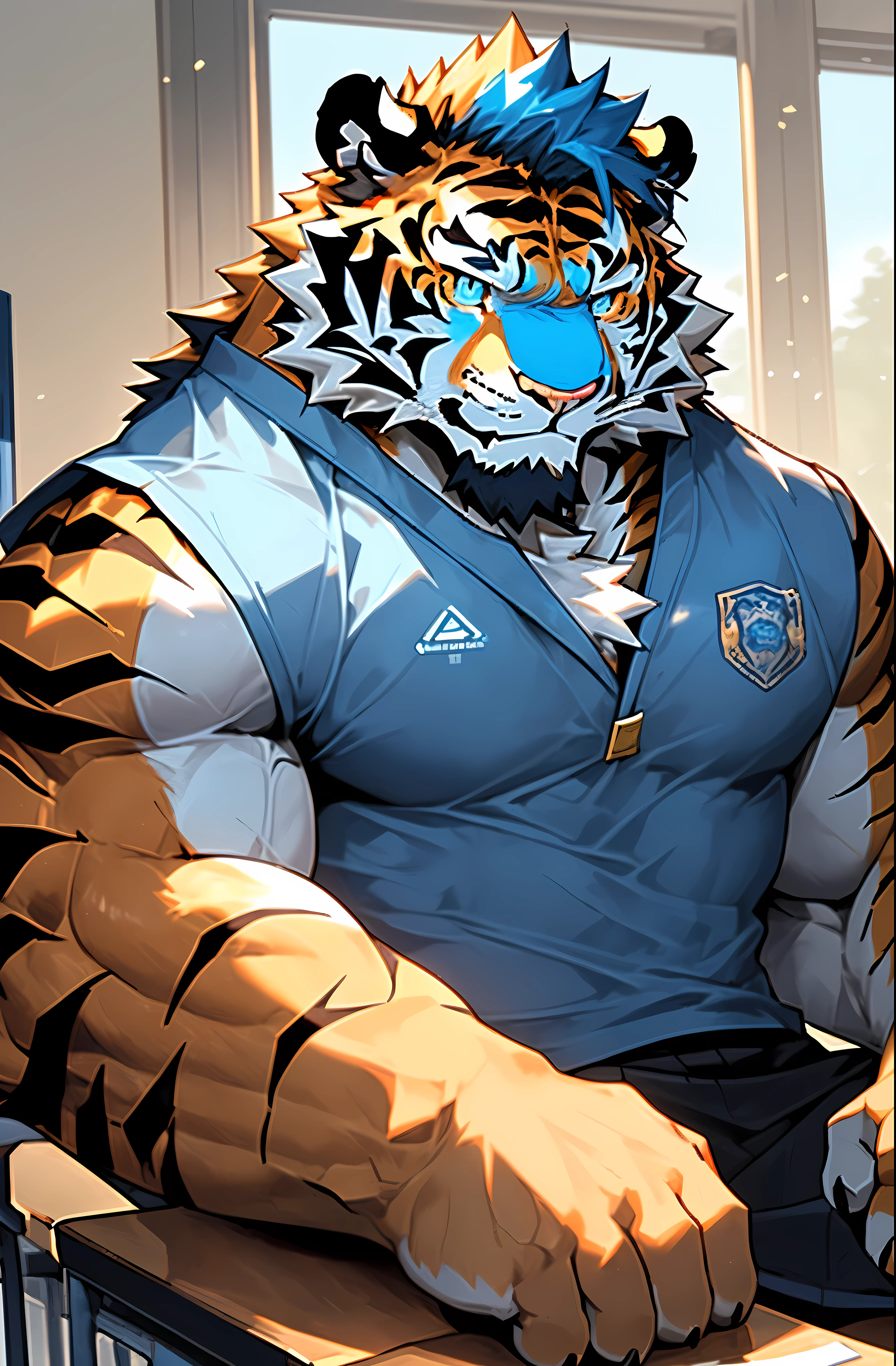 disney,anime character with tiger tiger_beast, Firmware version, high resolution committee, ((tiger)), gigachad muscular, muscular!!, only, muscular!, anthropomorphic tiger, muscular character, Kushat Konzi, super detailed!!, muscular!!!, beefy, whole body commission, Full body details are very rich,32k,(Full body close-up:1.2),(The two eyes are not the same color，different students:1.8),HD,(colored hair:1.5),((student school uniform:1.3)，alone,(cute expression:1.3),hope,(One eye is blue，The other eye is golden:1.5),(A pair of eyes with different pupil colors:1.5))，(Shy:1.6),((sit on the table:1.3))，(front:1.3),((Place one hand on the table)),((classroom))