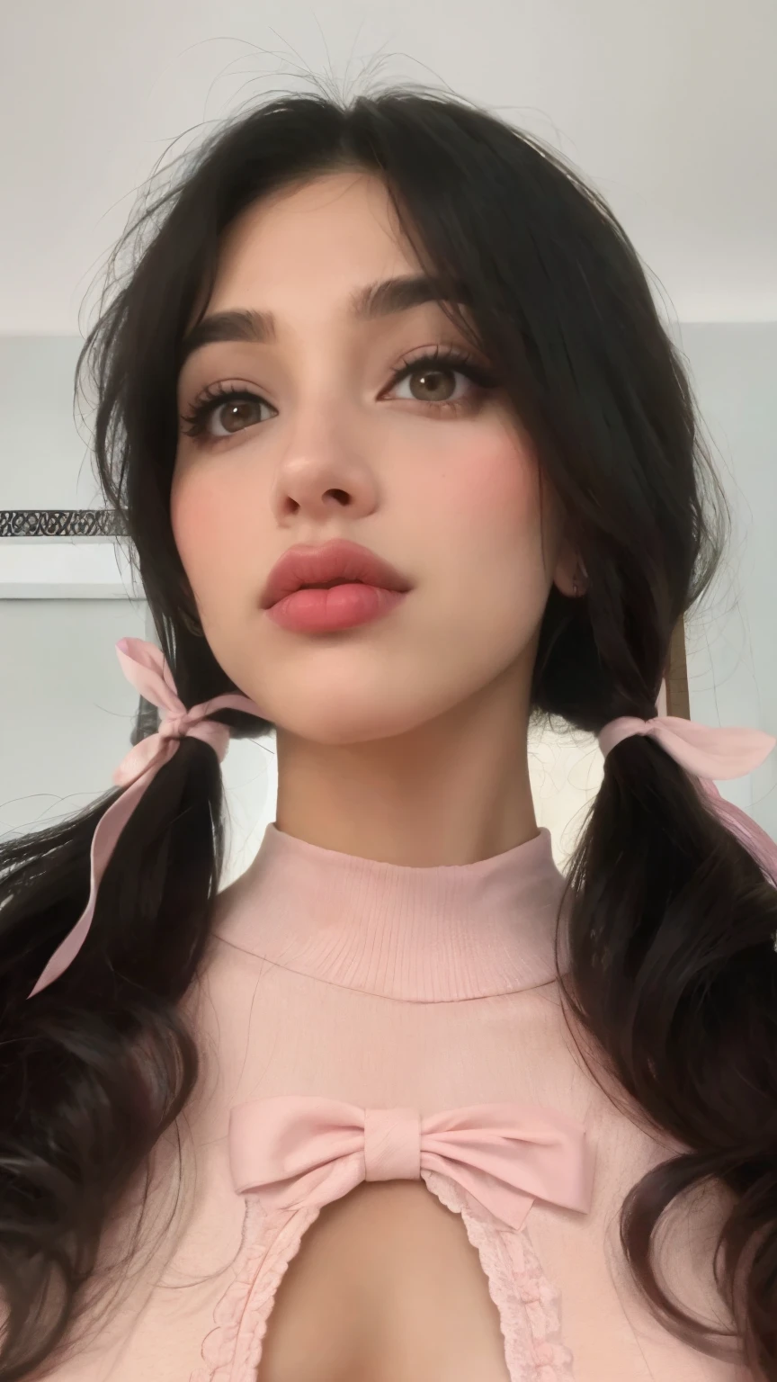 um close de uma mulher com cabelos longos e uma blusa rosa, beicinho fofo, thick lips, Bela Delfina, pouty lips, Melanie Martinez, small lips, nariz pontudo, ela tem um rosto fofo, Pink lips, huge lips, lips well separated, imagem de perfil, big swollen lips, swollen lips, Violeta Myers, cara de pato, sensual lips