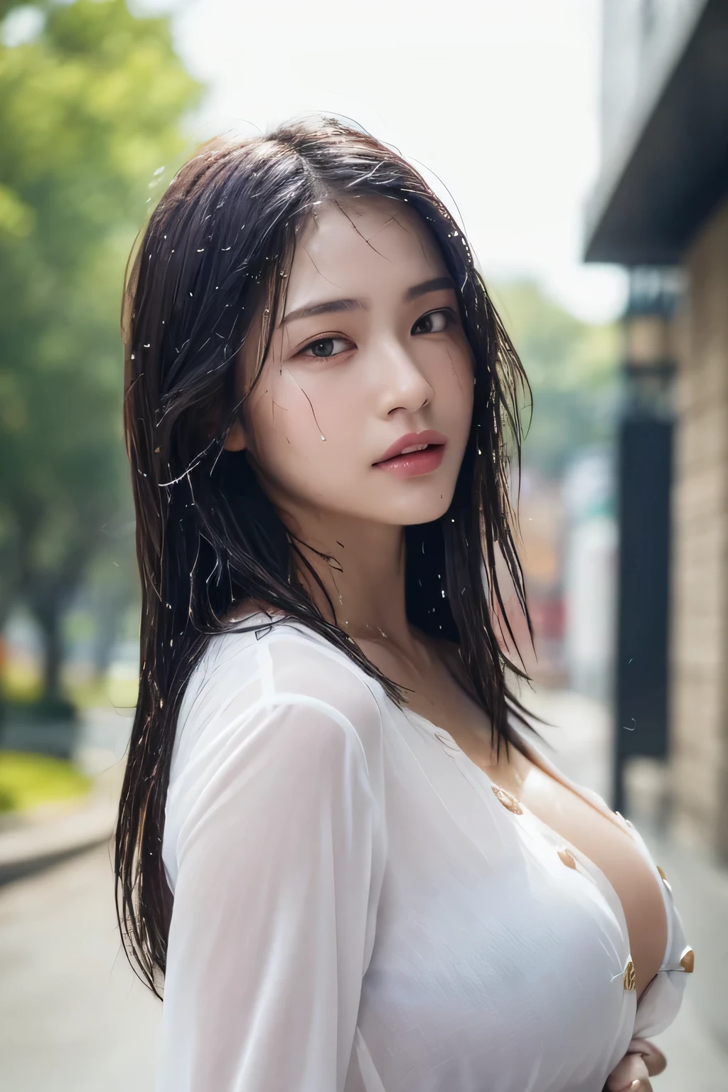 big breasts，low cut，split，((best quality, 8k, masterpiece:1.3)), sharp:1.2, Beautiful woman with perfect body:1.4, slim abs:1.2, ((layered hairstyle, huge :1.3,Split:1.2)), (Transparent wet white button-down long shirt：1.1），（rain，street：1.2），get wet：1.5，Highly detailed facial and skin textures，exquisite eyes，double eyelids，Side view camera