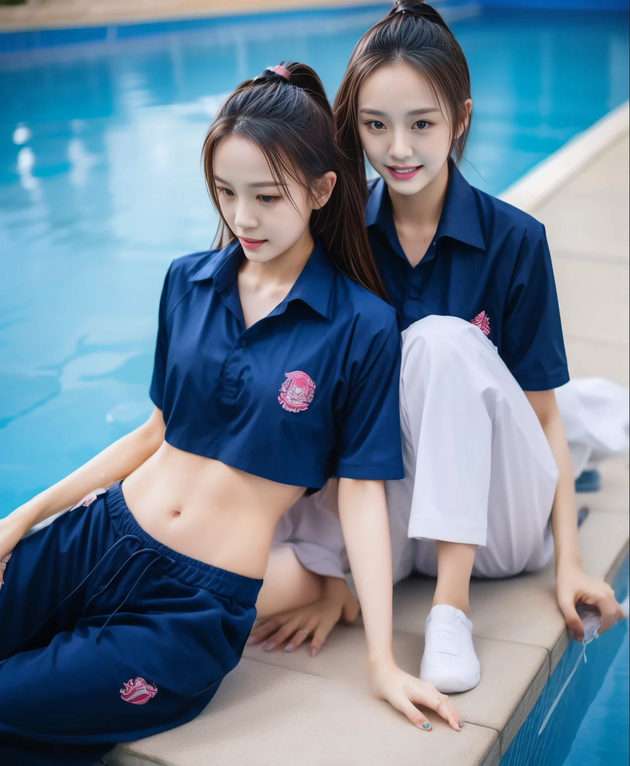 3 girls in the swimming pool, black underwear,Navy Long Trackpant,Sweatpants, Sweatpantsขายาว,25 year old girl, lesbian, sexy, exercise clothes, wet body
