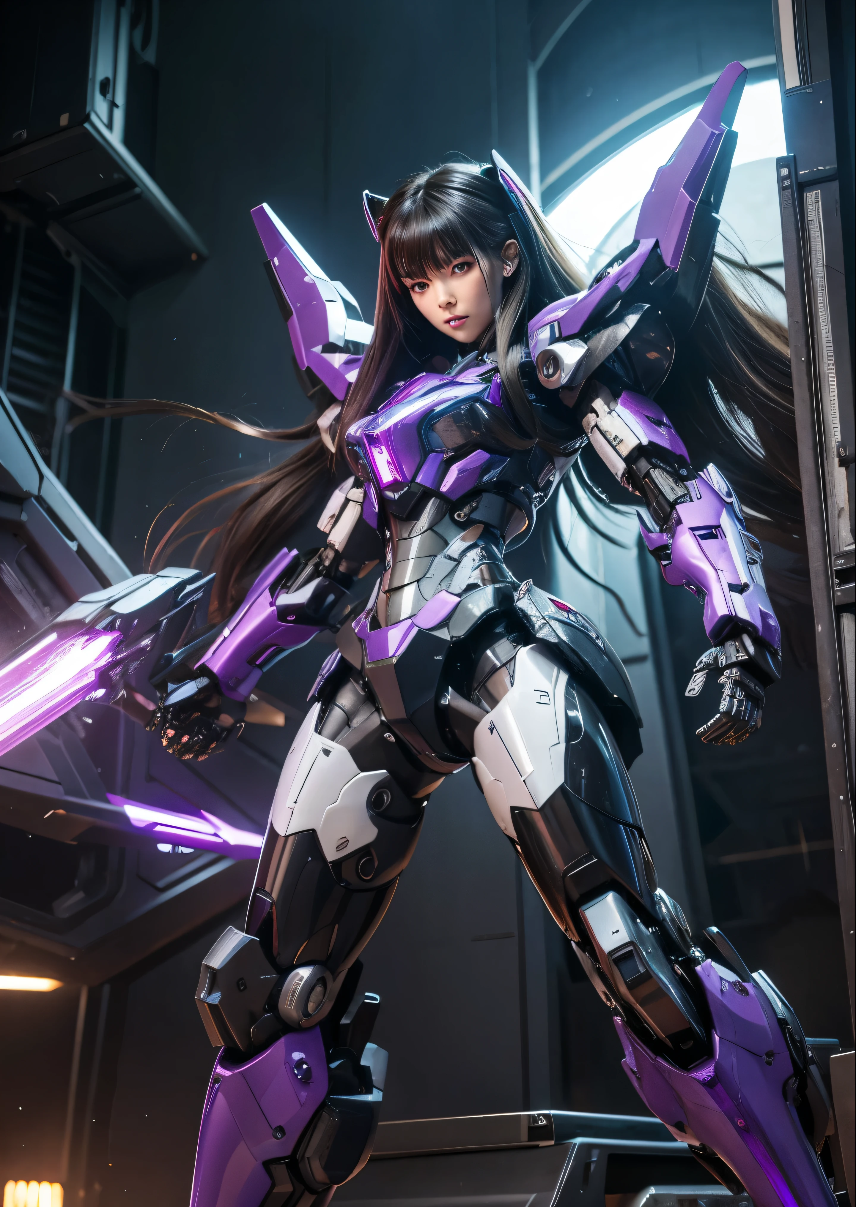 Fullbody, Textured skin, Super Detail, high details, High quality, Best Quality, hight resolution, 1080p, hard disk, Beautiful,(War Machine),beautiful cyborg woman,Mecha Cyborg Girl very very very long hair brown or black very silky rapunzel, Battle Mode,Girl with a Mecha Body,She wears a futuristic war machine weapon mech,Fulll body Shot, purple
