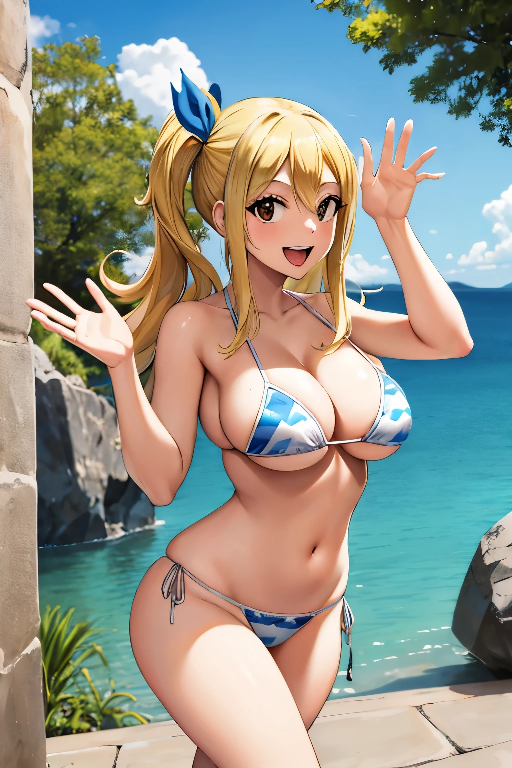 masterpiece, best quality, highres, lucy heartfilia, blonde hair, long hair, large breasts, Bikini hot, looking at viewer, outdoors, waving, smile, open mouth,