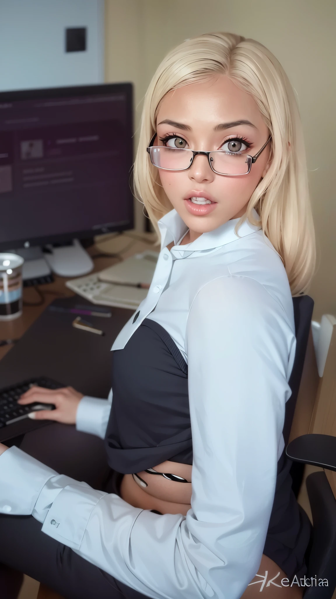 Mujer rubia con gafas sentada en un escritorio con una computadora, con gafas, hypercolegiala realista, a hypercolegiala realista, colegiala realista, nerd appearance, sat at his desk, retrato de nicole aniston, vestido como , nerd, con gafas on, gafas gruesas, cyber school girl, Kerli Koiv como chica anime, vasos grandes