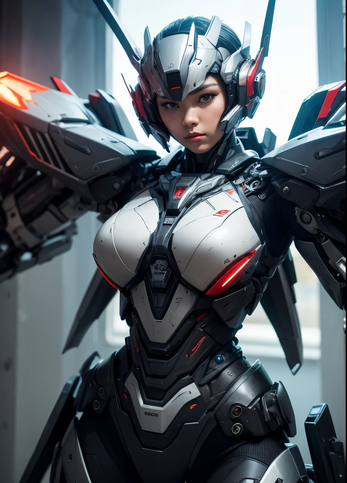 Textured skin, Super Detail, high details, High quality, Best Quality, hight resolution, 1080p, hard disk, Beautiful,(War Machine),beautiful cyborg woman,Mecha Cyborg Girl,Battle Mode,Girl with a Mecha Body,She wears a futuristic war machine weapon mech