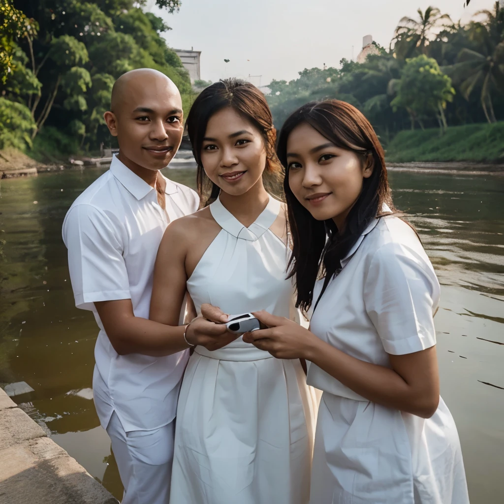 please make a realistic picture, an Indonesian young man, with a bald head and thin hair is taking a selfie by the river, accompanied by 2 beautiful Indonesian women who are wearing white clothes, and their faces look cheerful