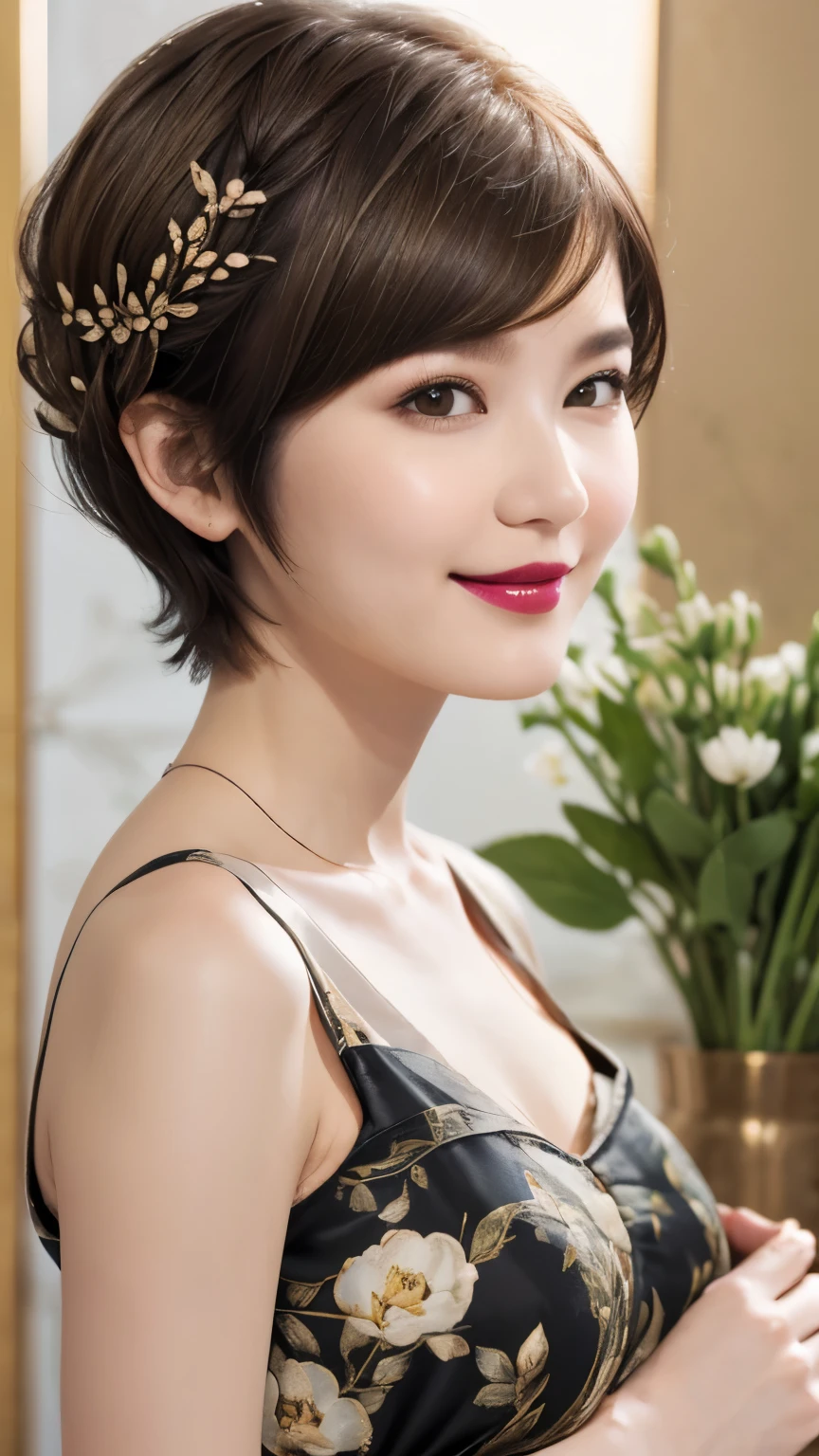 152
(20 year old woman,floral pattern dress), (Super realistic), (high resolution), ((beautiful hairstyle 46)), ((short hair:1.46)), (gentle smile), (brest:1.1), (lipstick)
