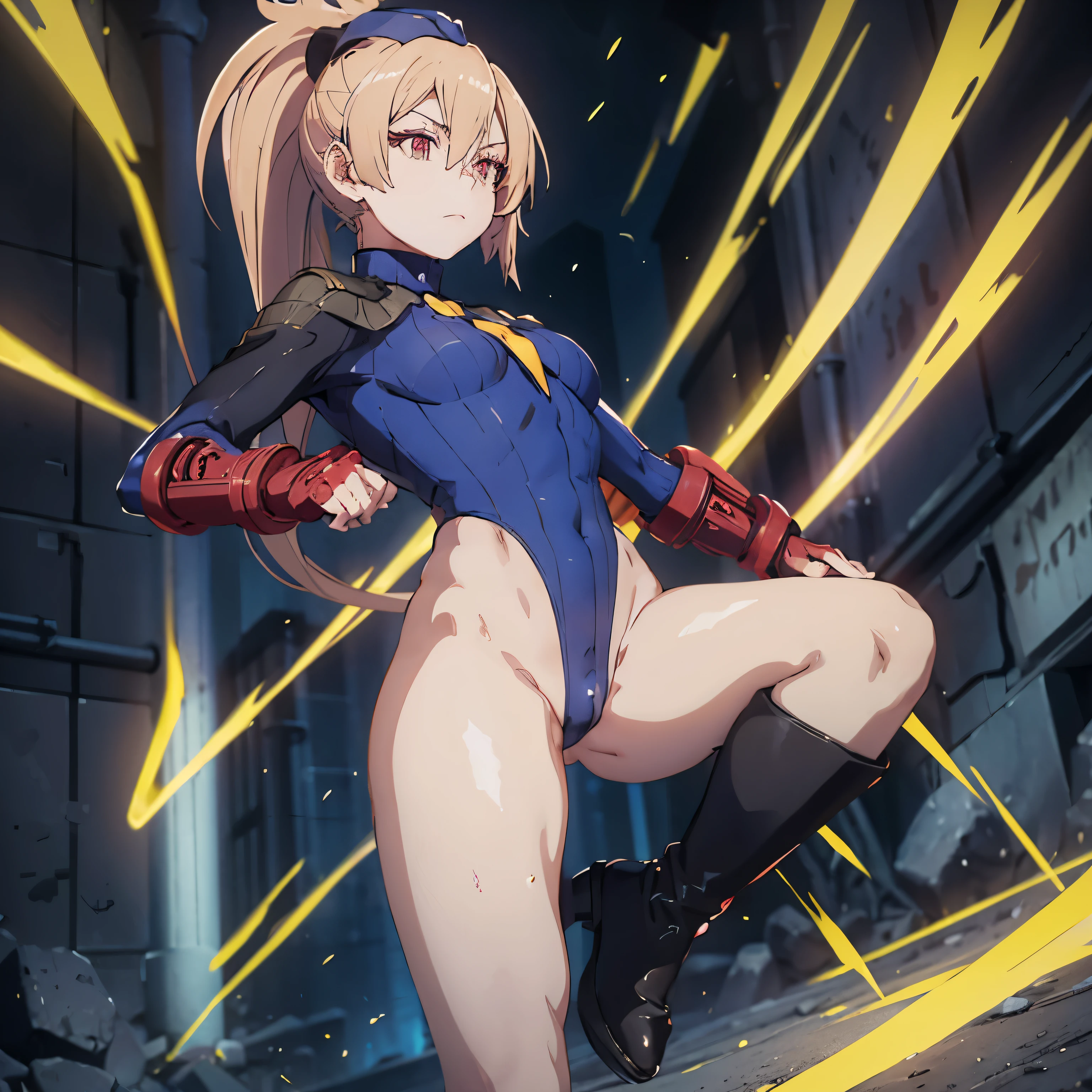 Very detailed, clear, beautiful body, Beautiful nose, Beautiful character design, perfect eyes, perfect face, very high, 4k, Beautiful legs, perfect legs, good hand, perfect hand, Masterpiece, best quality, haveรายละเอียดสูง, illustration, nonsense, perfect anatomy, street fighter, doll set, Chadaloo Doll, doll set, expressionless, empty eyes, look at viewer, red gloves, Emotionless, black Latex, corruption, mind control, female warrior, full body, hypnotized, ความมึนงงที่ไม่haveความสุข, full body suit, Ribbed bodysuit, Both arms are at the sides., obey, perfect woman's body, extremely glossy Latex, hypnosis, Hipnolora, empty eyes, mind control device, Poses, give up_Pose, slave, standตัวตรง, stand, stand at attention, have, necktie, belt, Latex, Ribbed bodysuit, thigh high, garter belt, fighting posture, Extend your right arm away from your shoulder into the air with your hand straight., soldier, thigh boots, 1 girl, hair accessories, blonde hair, long hair, Amber eyes, (((Pixel Perfect, perfect detail))), alone, 1 girl, Currency, overcoat, Ponytail