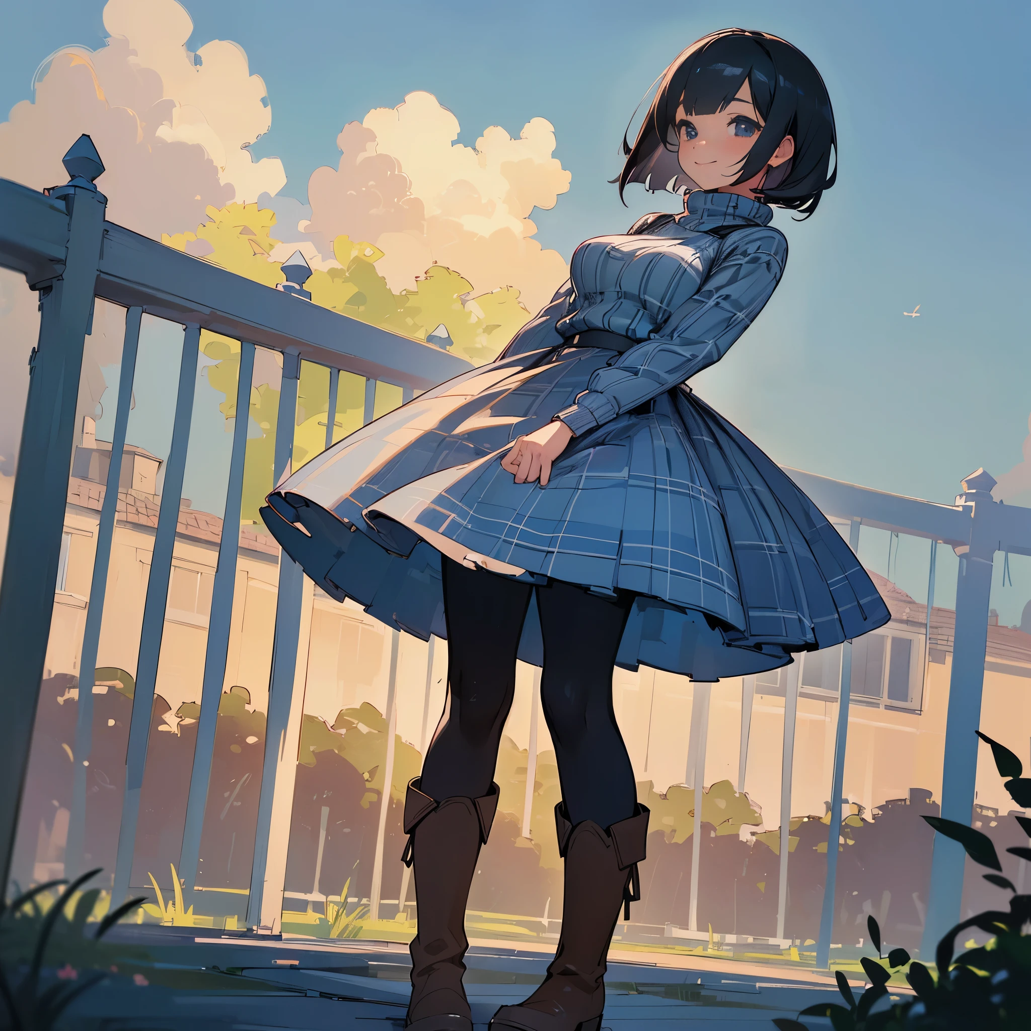 (high quality, high resolution, Super detailed, Reality:1.37), peaceful atmosphere, (outdoor, garden),  girl standing alone, (My breasts are big.), Beautiful detailed features, cute smile, (black bob hair), ribbed sweater, blue plaid skirt, Black tights, brown boots.