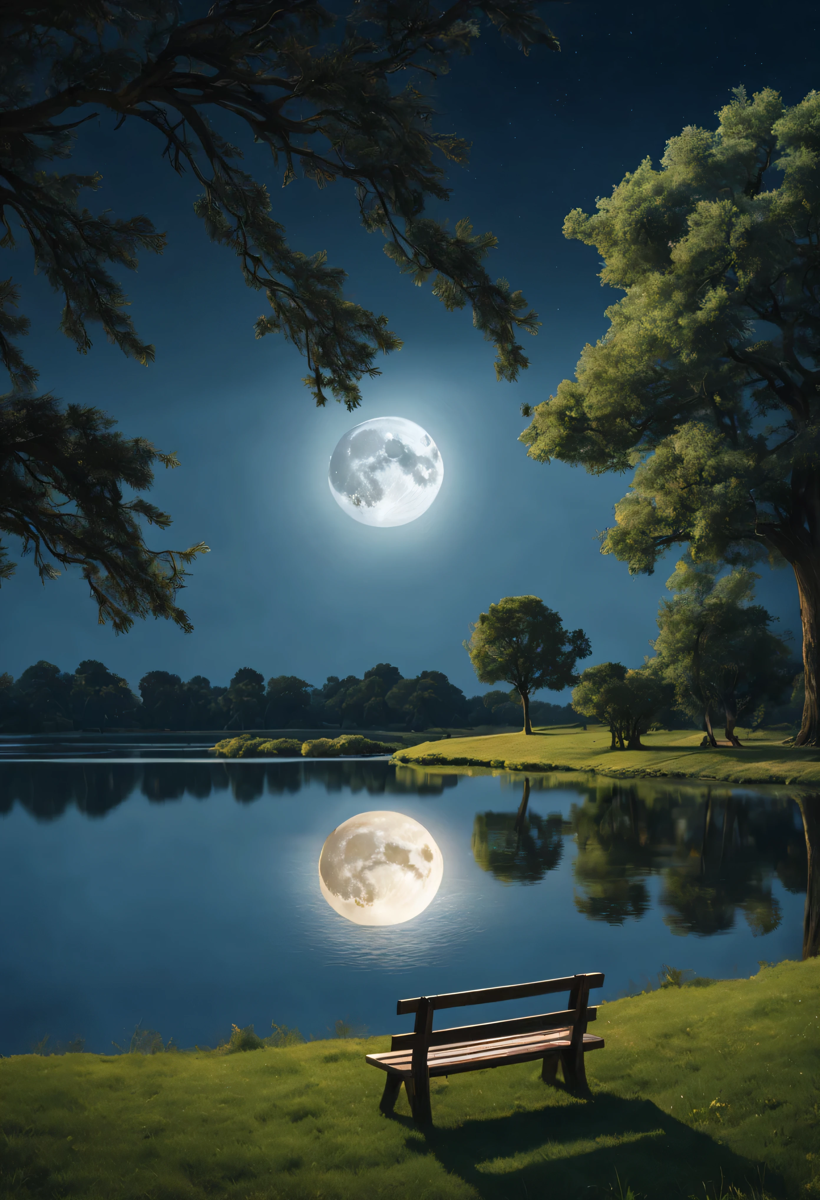 There is a bench in the grass near a lake and a giant tree, cattle grazing near the trees, the moon reflects in the water, full moon in the background, full moon in the background, big moon in the background, big moon in the background!, (moon in the background), moon reflecting in the water, moon in the background, perfect and sharp moon, Moon in the background