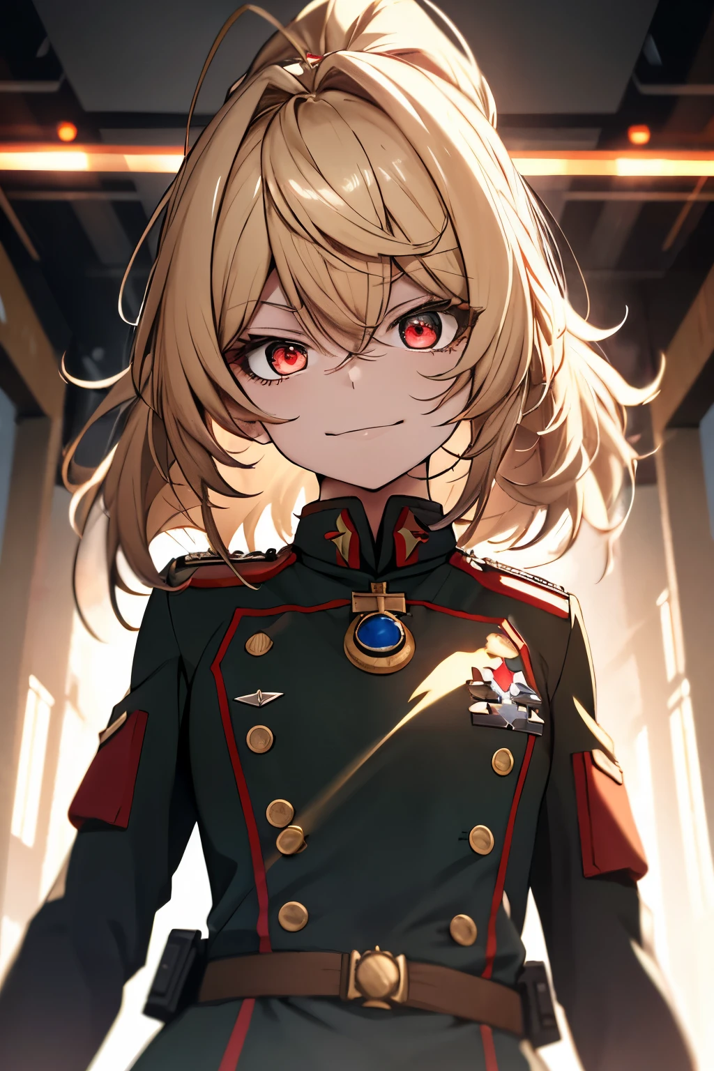 (masterpiece, best quality: 1.1), 1girl solo, tanya, 1girl, solo, , flat chest, small breasts, curvy, military, military uniform, ,, evil smile, wicked expression, anger, red eyes, neutral lighting