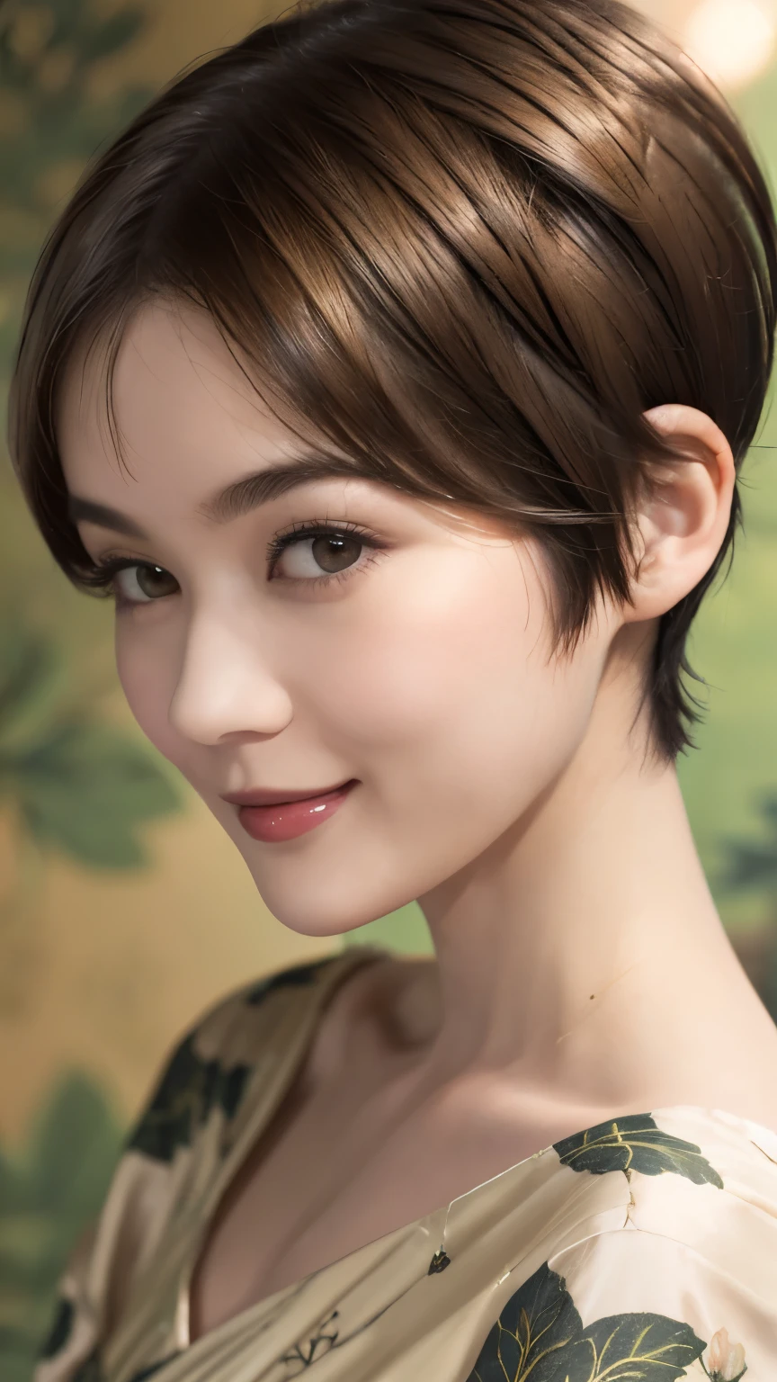 152
(20 year old woman,floral pattern dress), (Super realistic), (high resolution), ((beautiful hairstyle 46)), ((short hair:1.46)), (gentle smile), (brest:1.1), (lipstick)