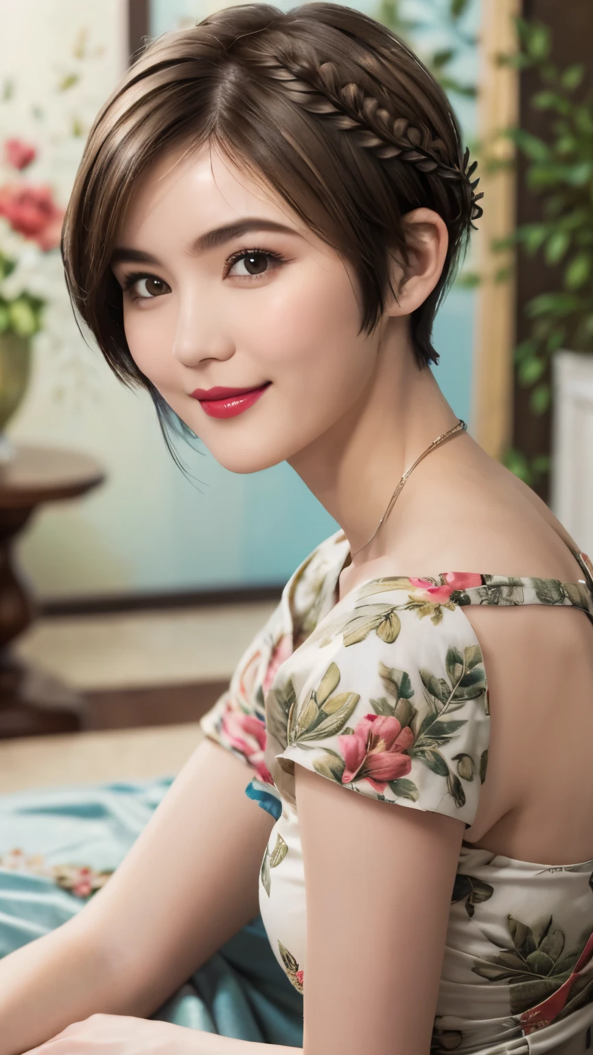 152
(20 year old woman,floral pattern dress), (Super realistic), (high resolution), ((beautiful hairstyle 46)), ((short hair:1.46)), (gentle smile), (brest:1.1), (lipstick)
